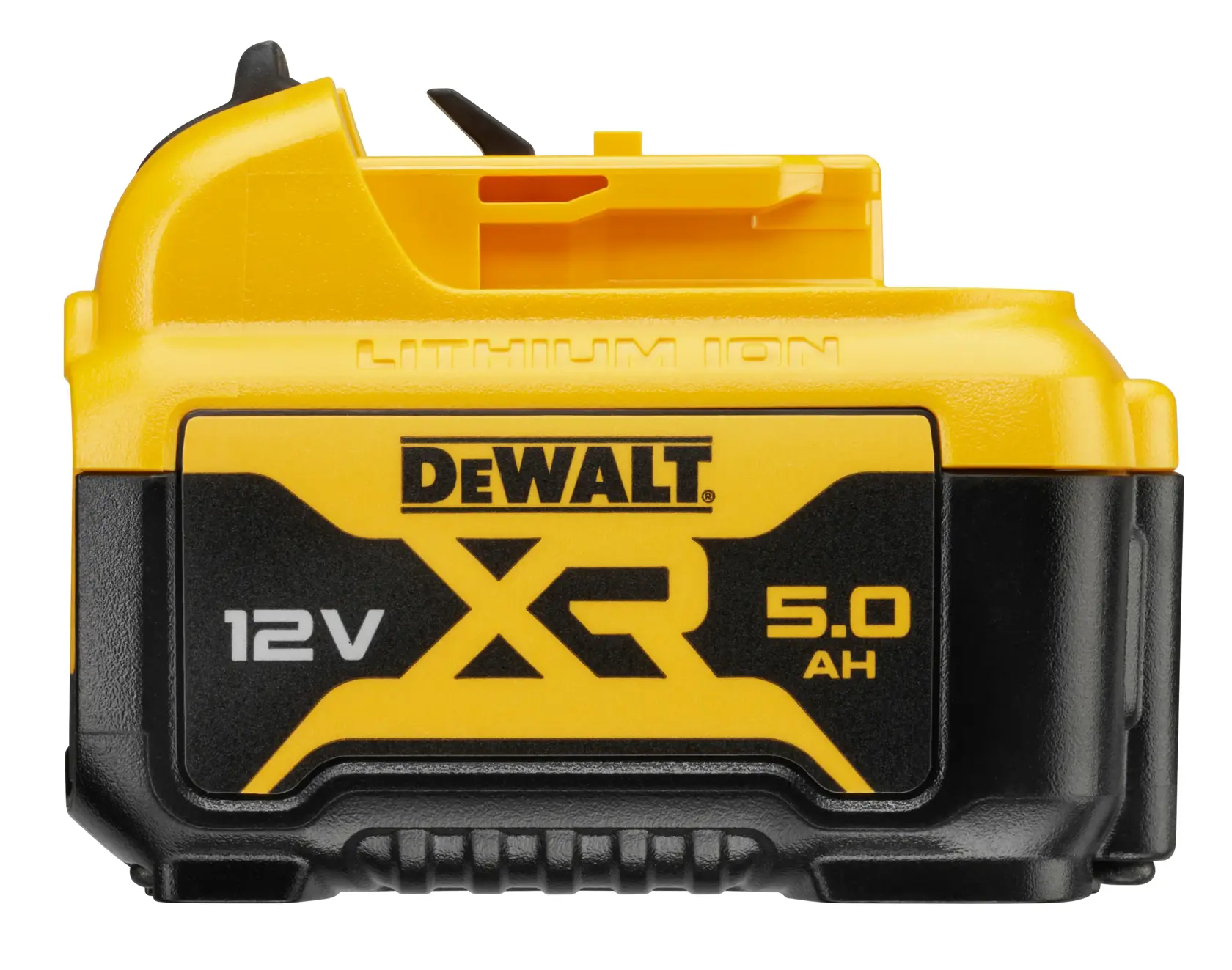 DEWALT 12V XR 5.0Ah Lithium-Ionen-Akku gelb-schwarz, Seitenansicht nah.