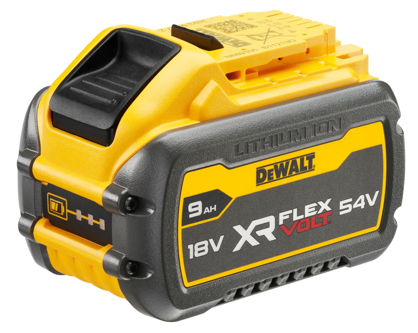 A DEWALT XR FlexVolt 18V/54V lithium-ion battery, model DCB547, with a 9Ah capacity. The battery is yellow and black in color and shows its technical specifications and branding on the side.
