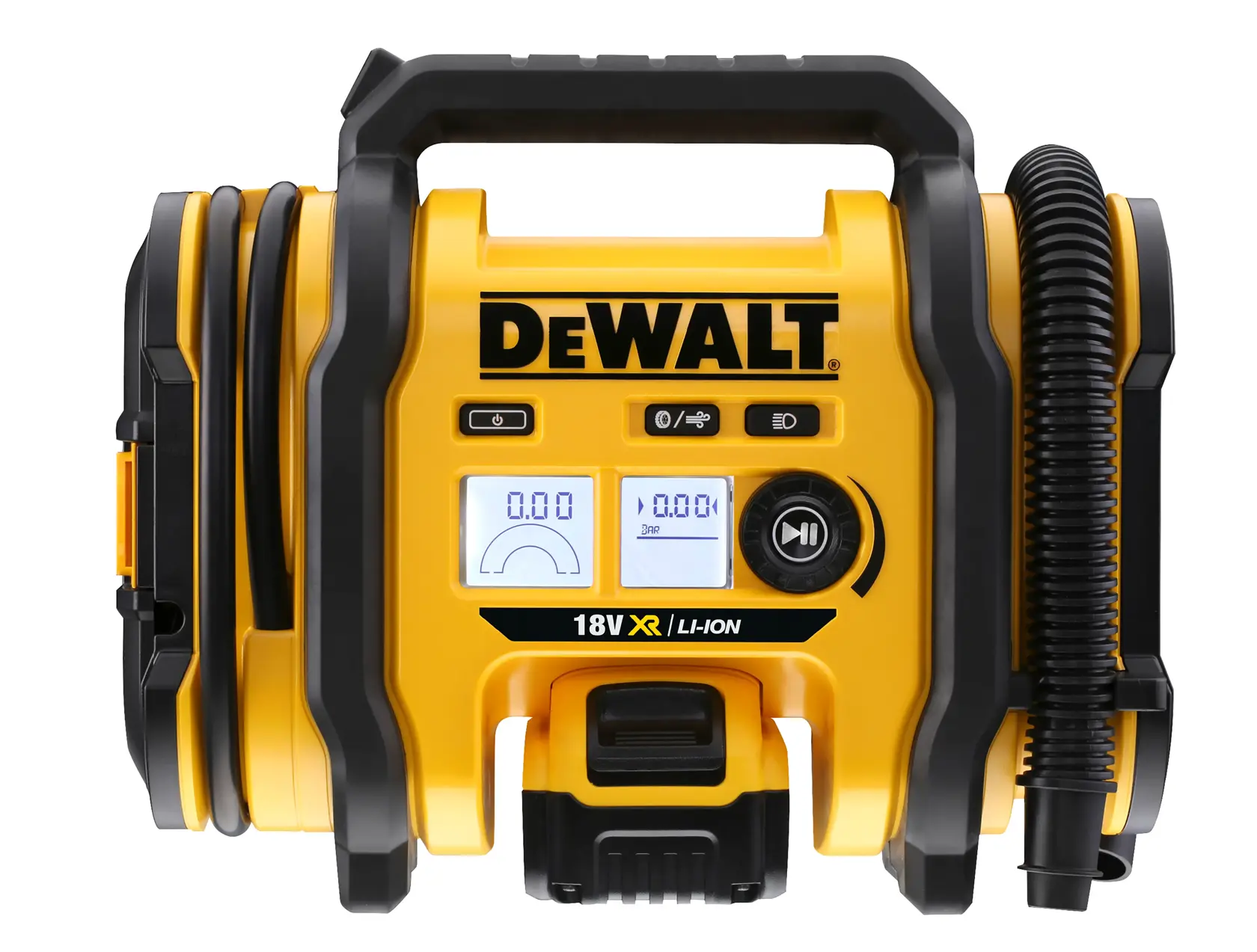 Vorderansicht eines DEWALT 18V XR Li-Ion tragbaren Luftkompressors mit digitaler Anzeige, gelb-schwarzem Gehäuse und flexiblem Schlauch.