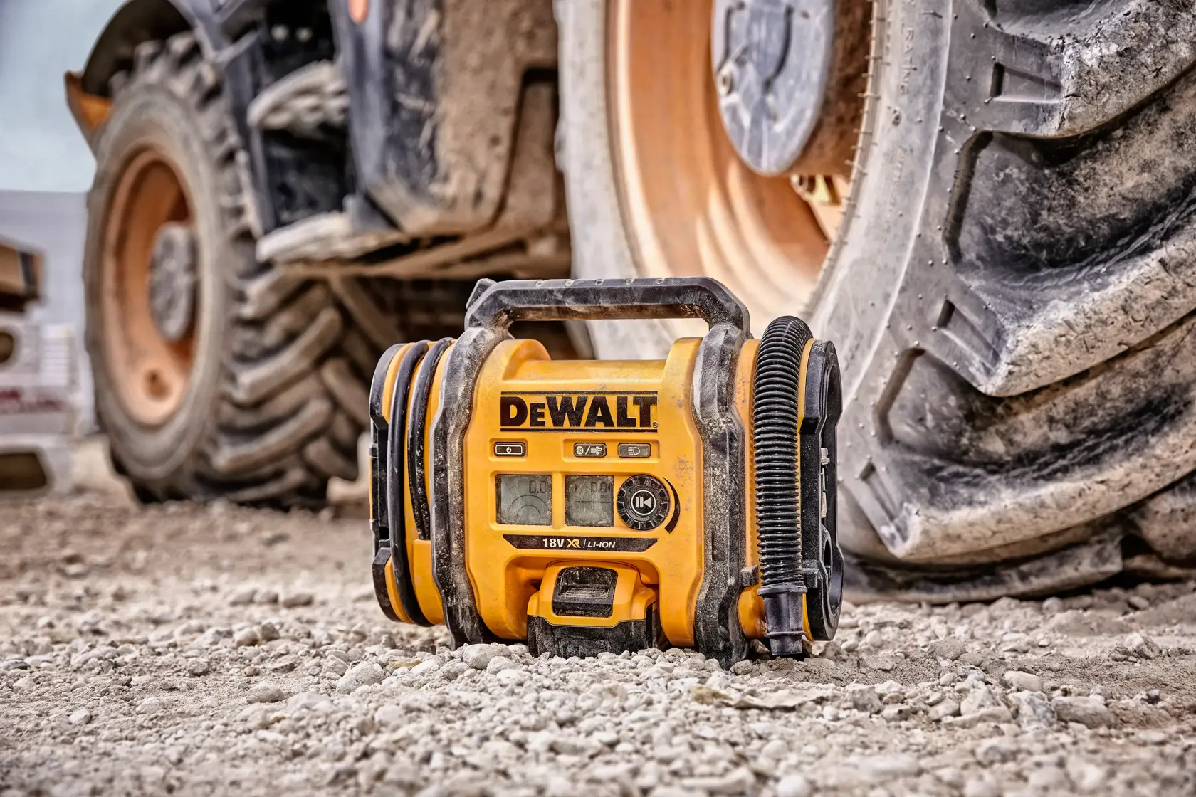 Ein tragbarer DEWALT Luftkompressor (Modell DCC018N) steht auf dem rauen Boden einer Baustelle neben einem großen Fahrzeugreifen.