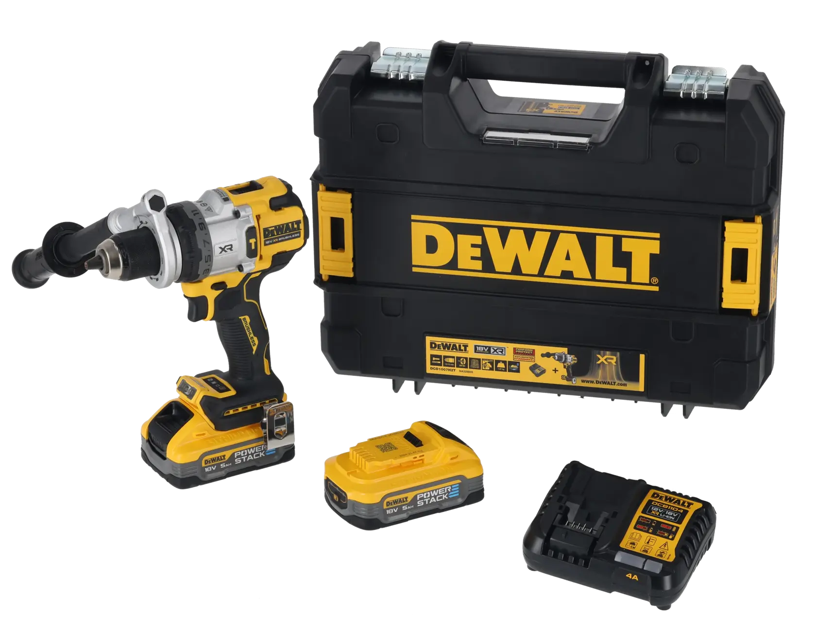 Kit de taladro inalámbrico DEWALT con dos baterías, cargador y estuche de transporte negro y amarillo.