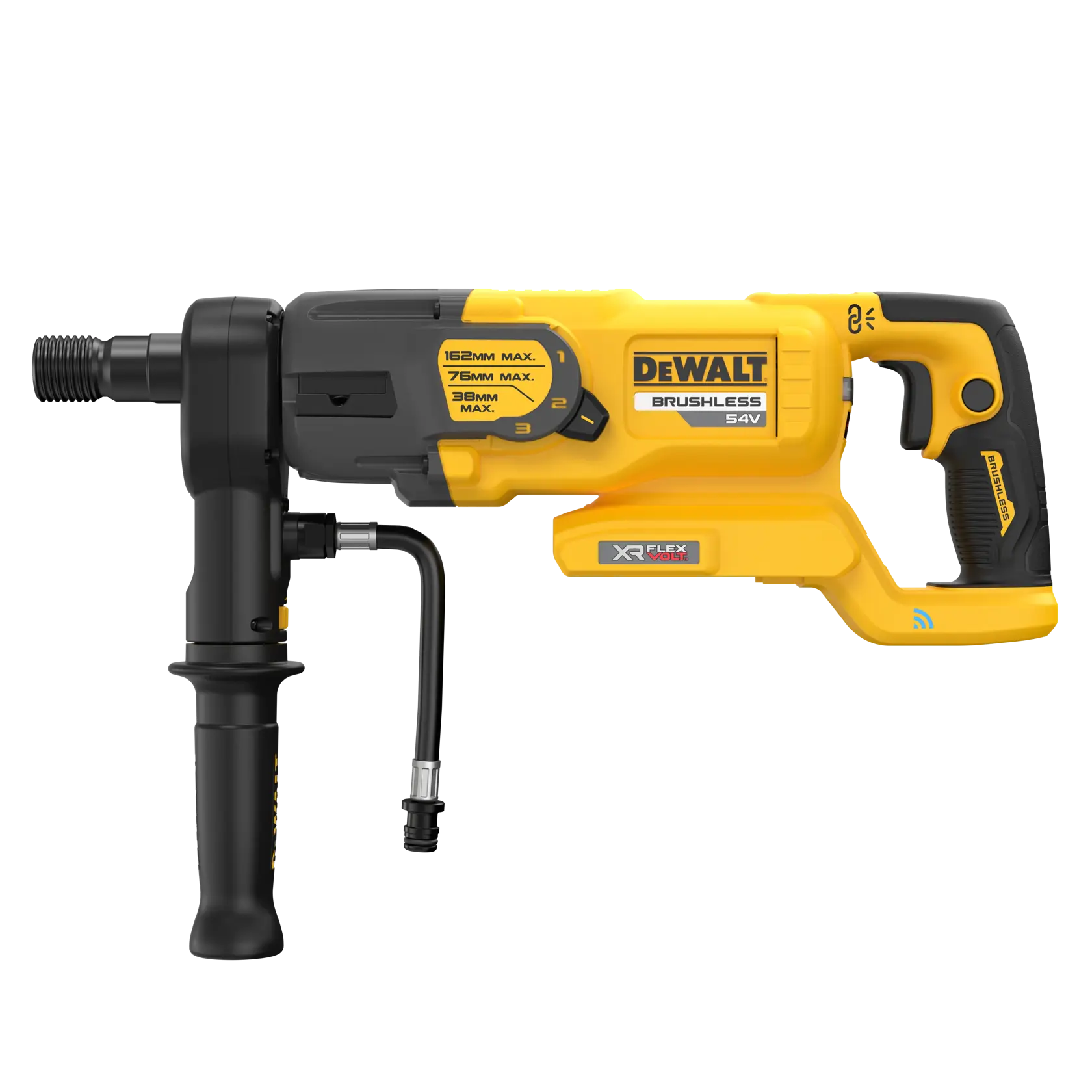 Taladro inalámbrico DEWALT DCD150NK 54V con mango lateral, amarillo y negro, vista lateral.