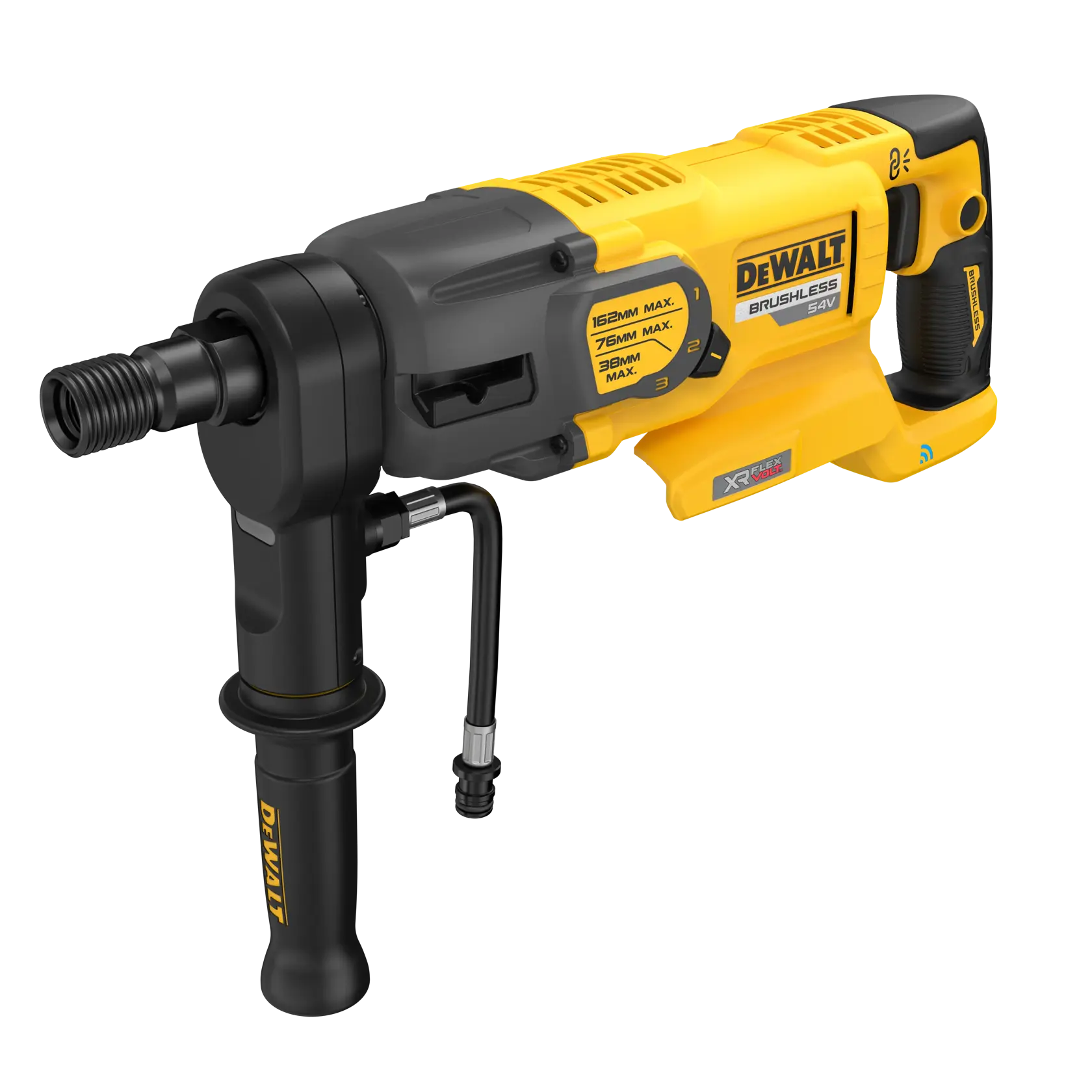 Un taladro inalámbrico DEWALT amarillo y negro con mango ergonómico y empuñadura lateral, que muestra detalles del modelo y un diseño robusto para uso intensivo.
