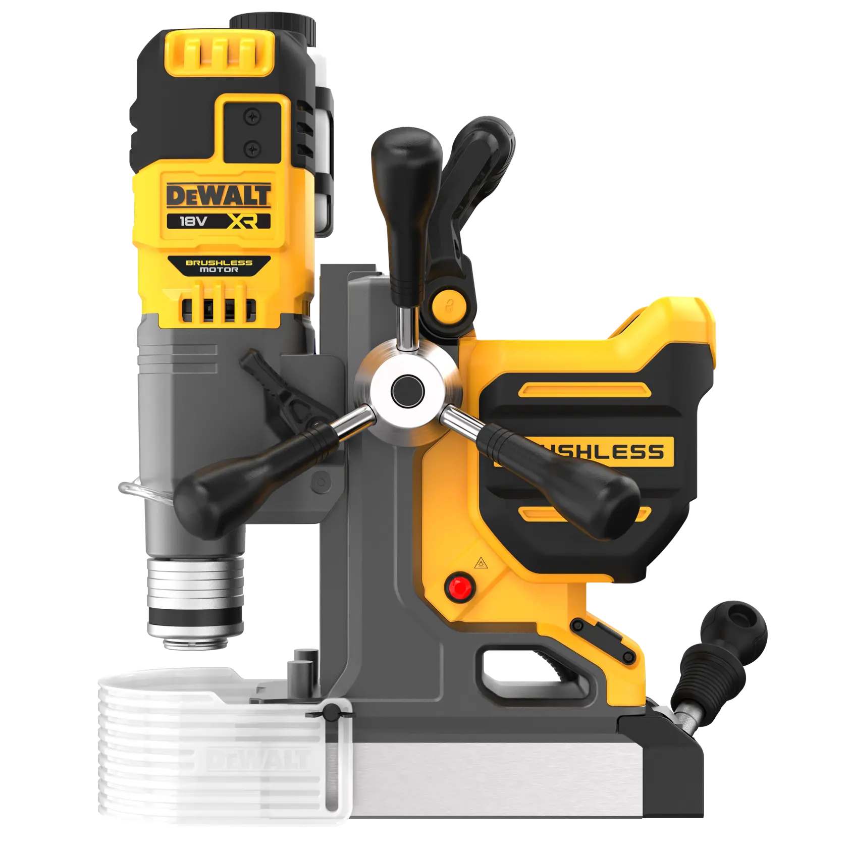 DEWALT DCD1623N bürstenloser Magnetbohrer, gelb-schwarz, Seitenansicht mit drei Griffen.