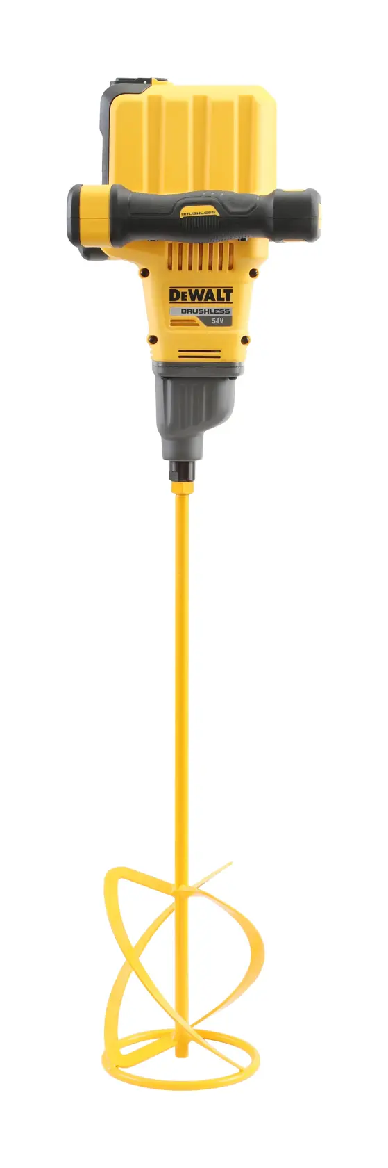 DEWALT Akku-Mixer mit gelber Stange und Spiralaufsatz vor weißem Hintergrund.