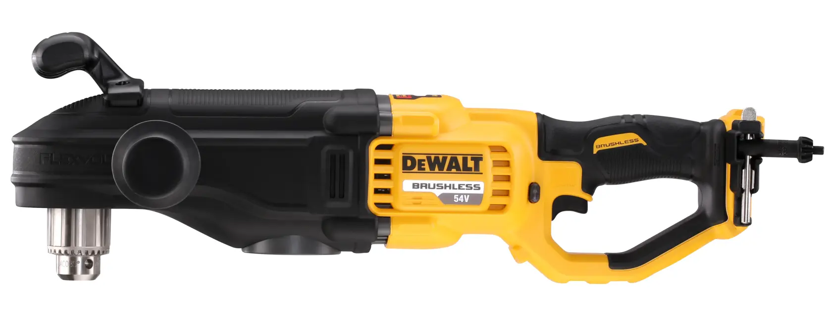 DEWALT DCD470N gelber kabelloser Winkelschrauber für schwere Aufgaben, Seitenansicht.