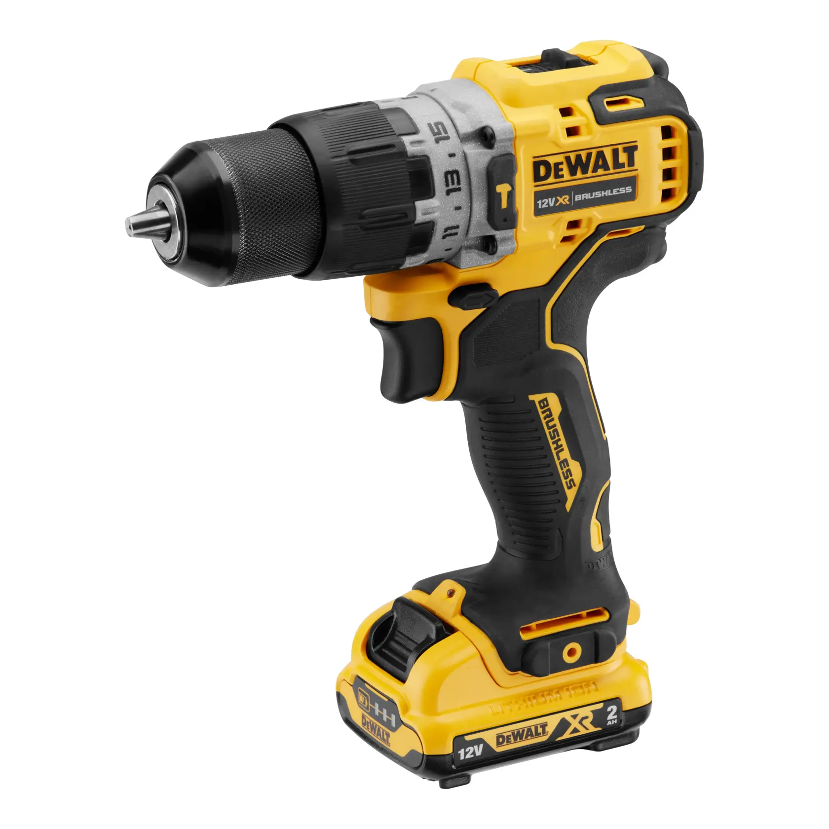 Trapano a batteria DEWALT giallo e nero, 12V XR brushless, impugnatura ergonomica e coppia regolabile.