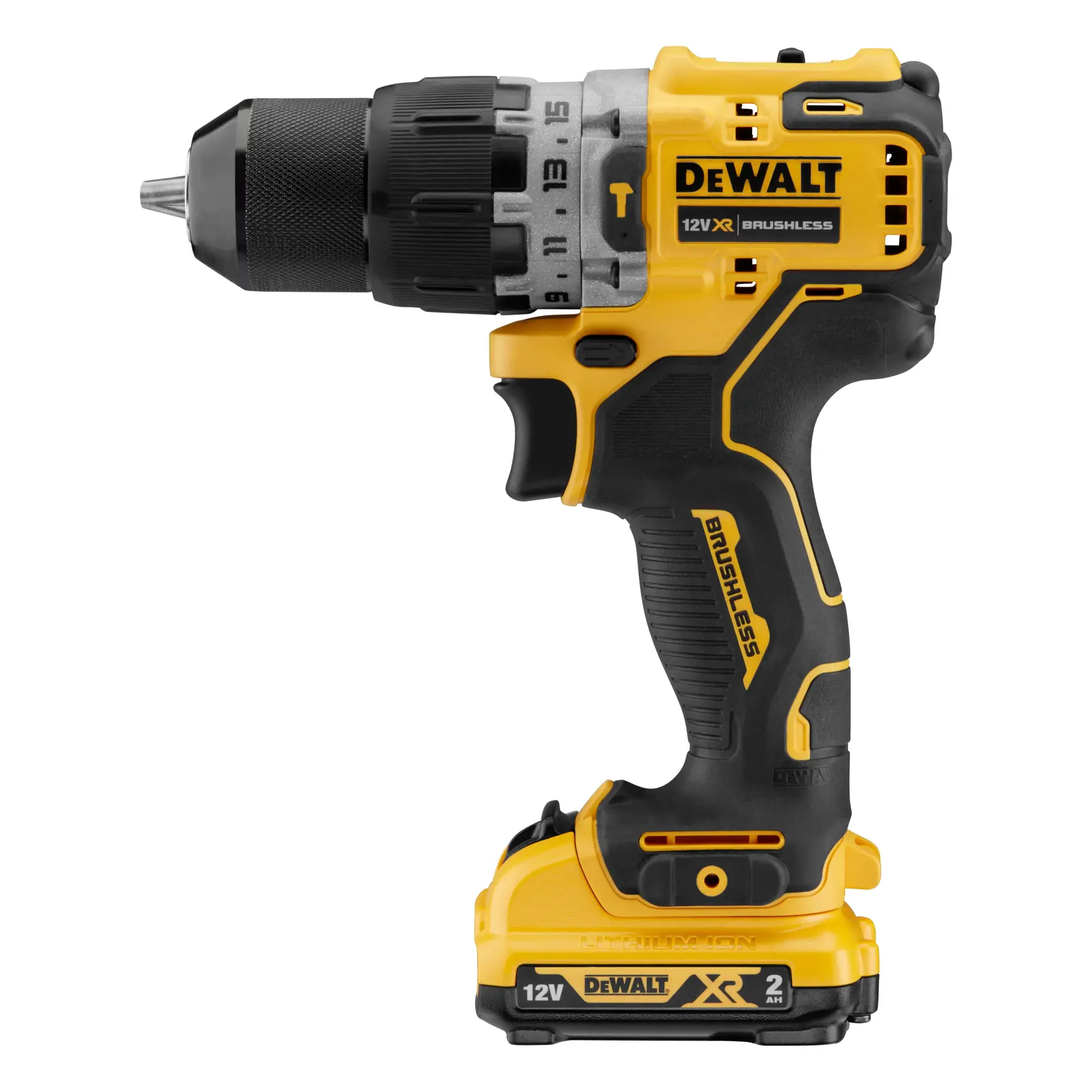 Trapano a batteria DEWALT 12V XR brushless nero e giallo, vista laterale con batteria.