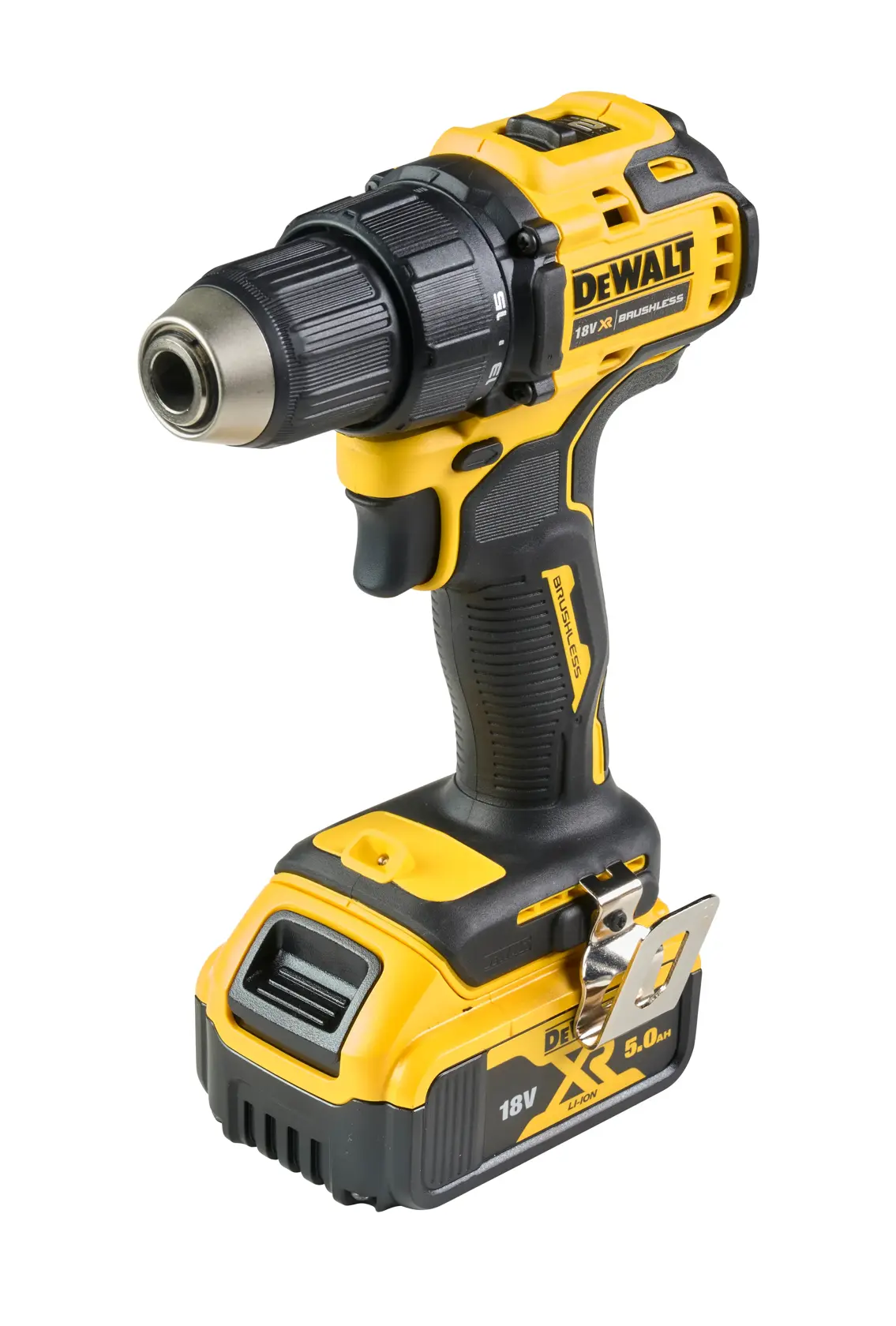 Perceuse sans fil DEWALT DCD708 jaune et noire, batterie 18V, fond blanc.