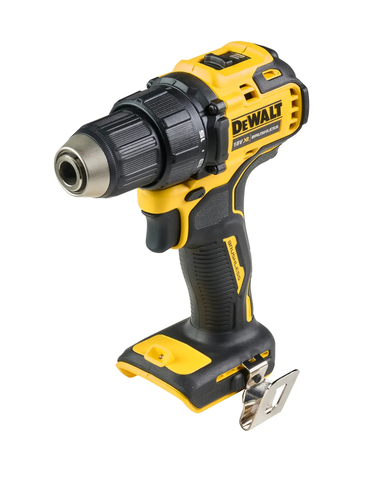 Perceuse sans fil DEWALT DCD708 jaune et noire avec clip ceinture métallique, sur fond blanc.