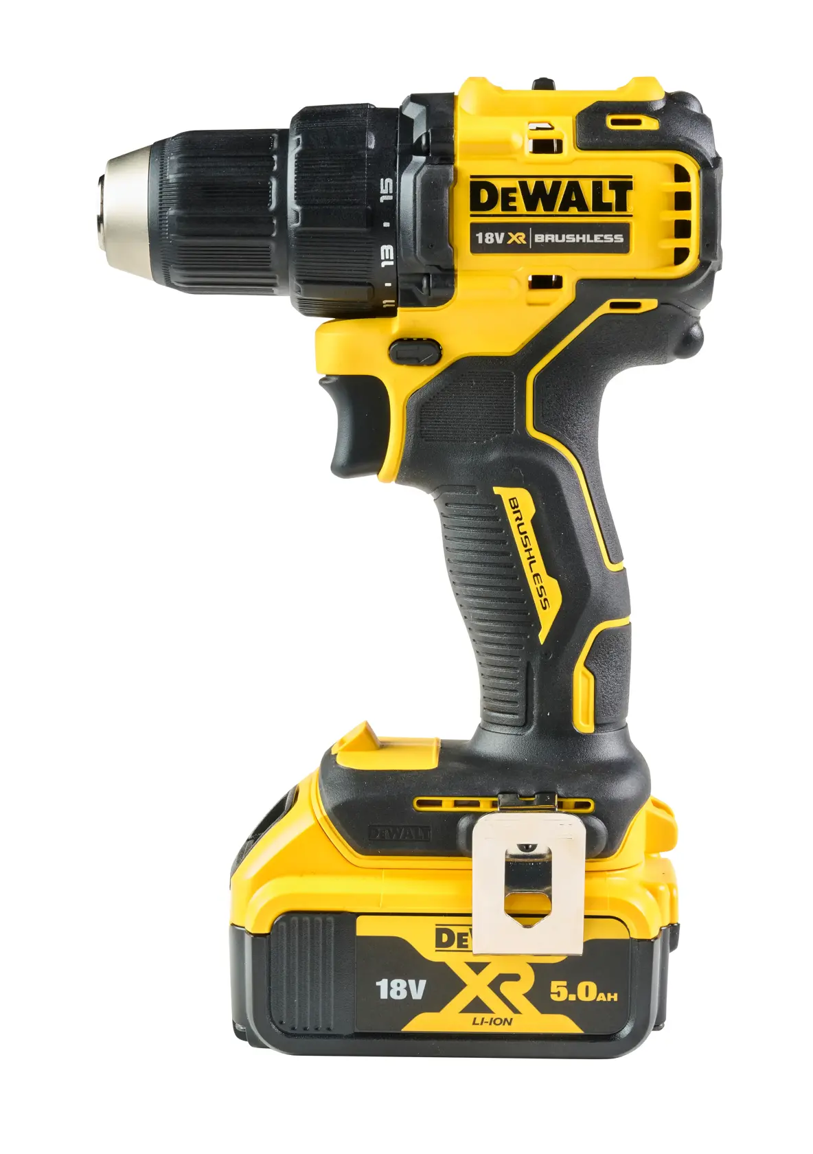 Perceuse sans fil DEWALT DCD708 18V avec batterie XR 5.0Ah, jaune et noire, sur fond blanc.