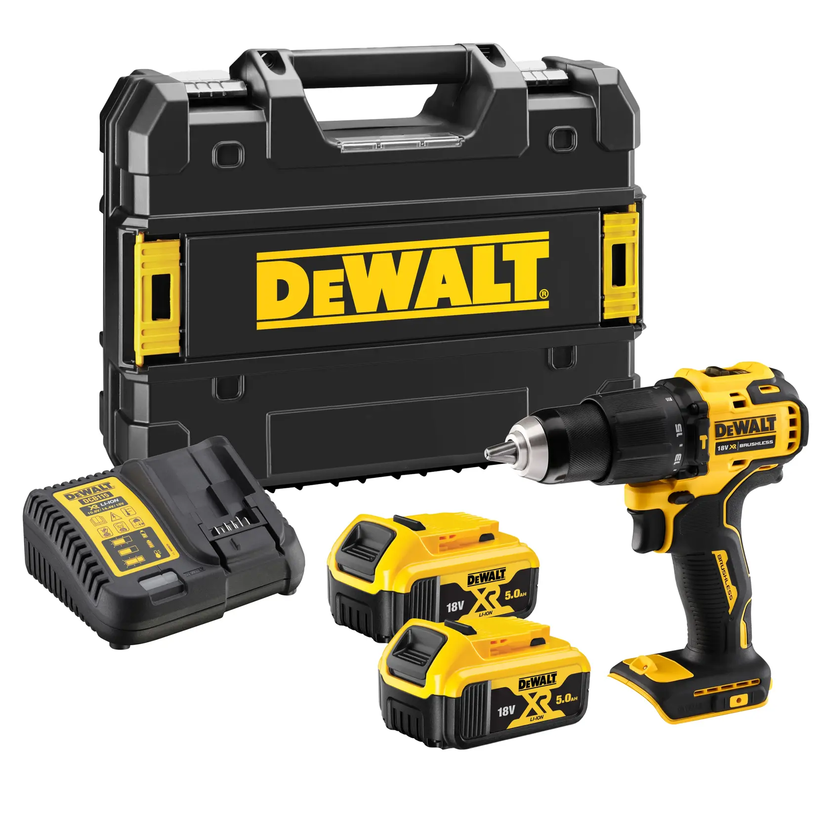 Kit de perceuse DEWALT avec perceuse, chargeur, deux batteries 18V et mallette noire à logo jaune.