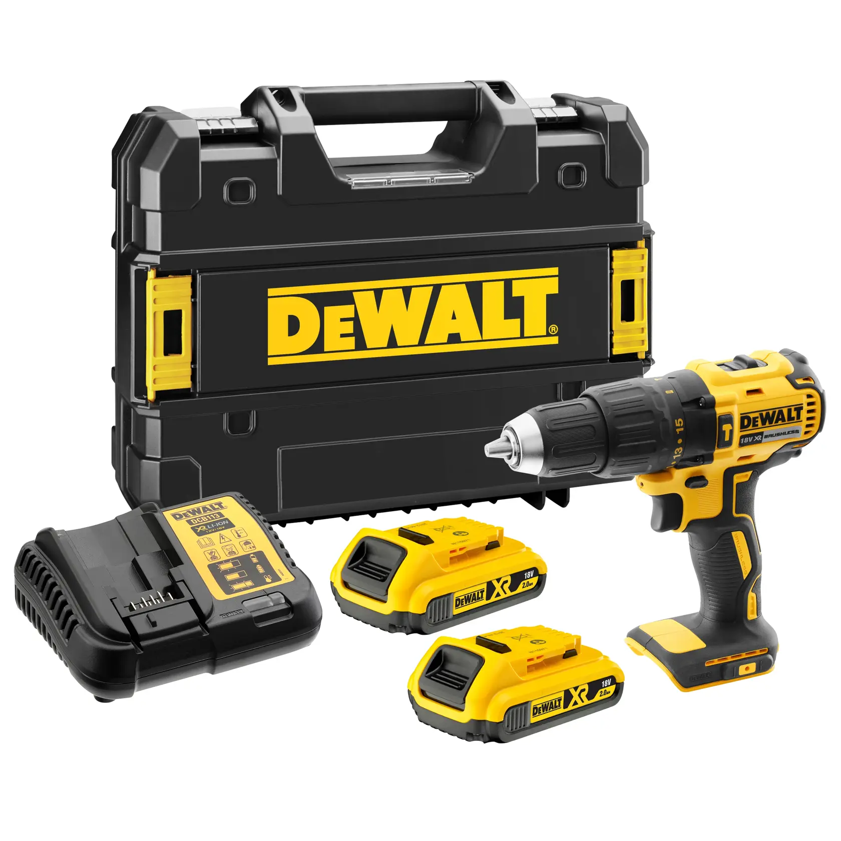 Kit perceuse sans fil DEWALT avec deux batteries, chargeur et valise de transport affichés ensemble.