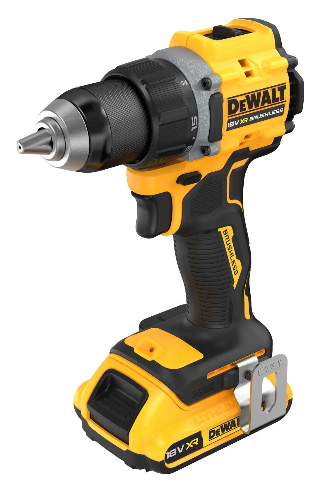 Taladro inalámbrico DEWALT amarillo/negro, SKUs DCD794D2T-QW y DCD794D2T, fotografía, región EMEAANZ.