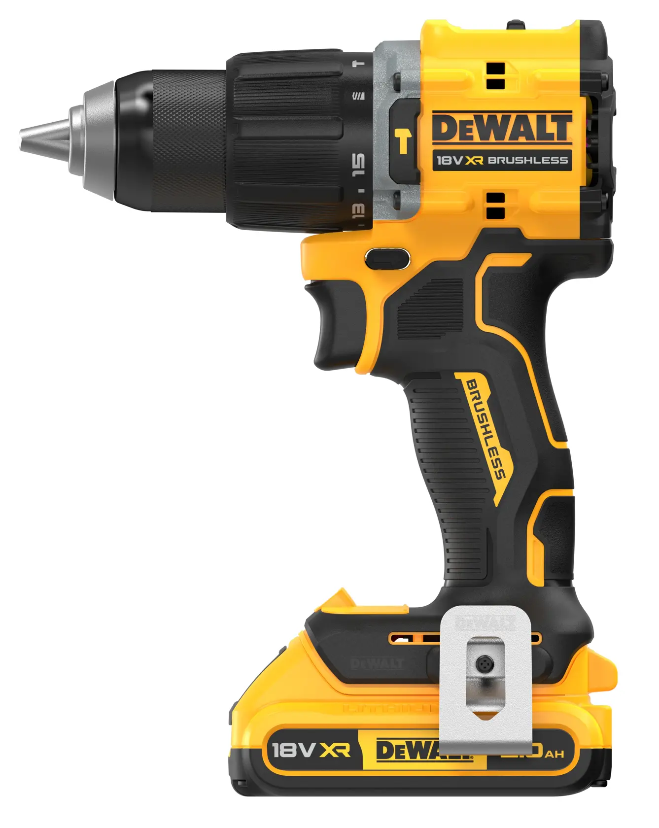 Taladro sin cable DEWALT 18V XR brushless, negro y amarillo, vista lateral.
