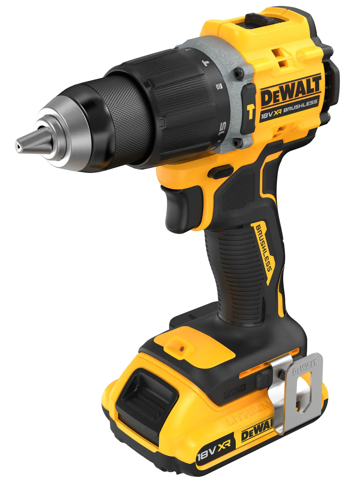 Taladro inalámbrico DEWALT 18V XR brushless negro y amarillo con diseño ergonómico.