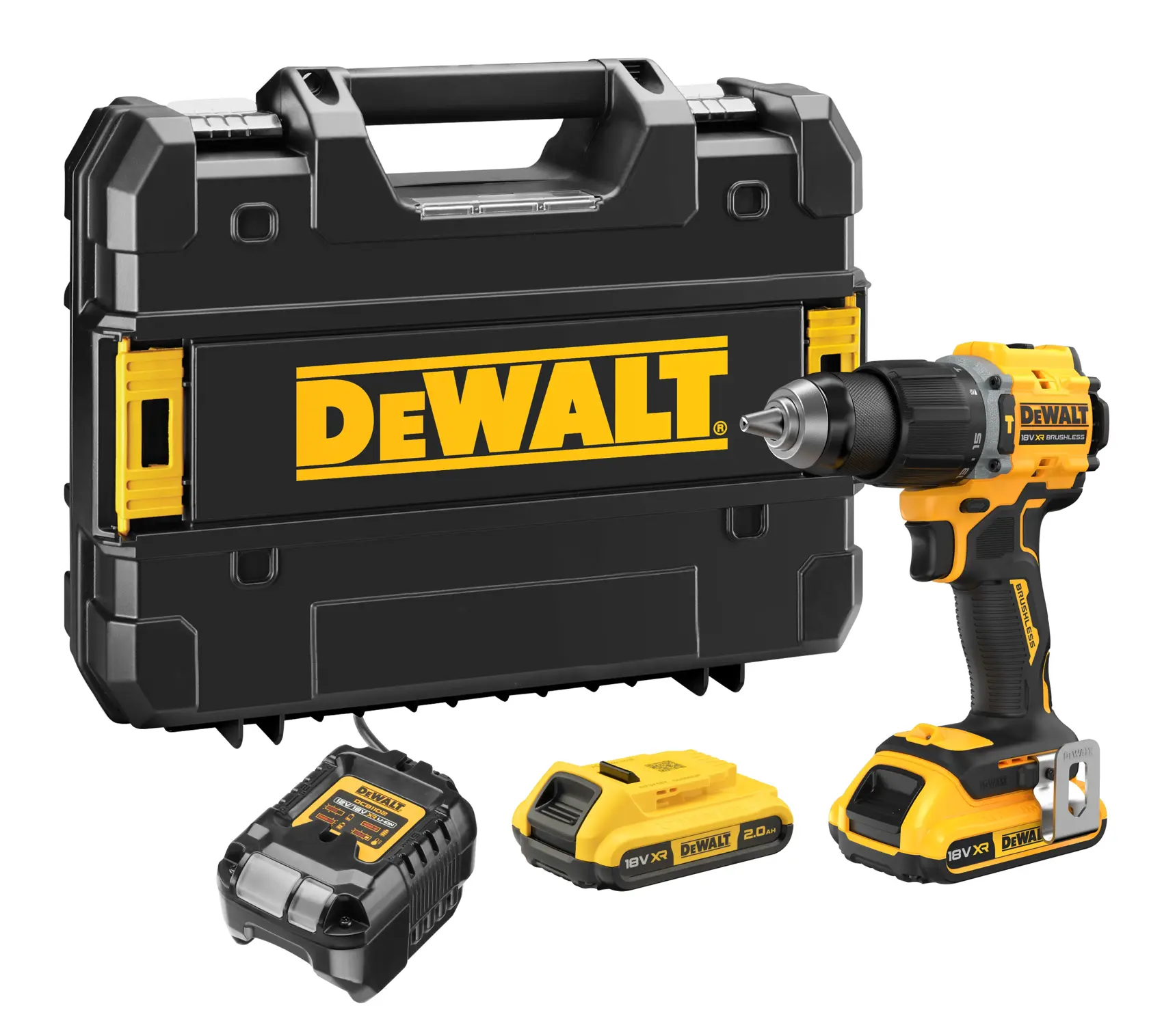 Kit de taladro DEWALT con estuche negro, batería 18V, cargador y taladro inalámbrico.