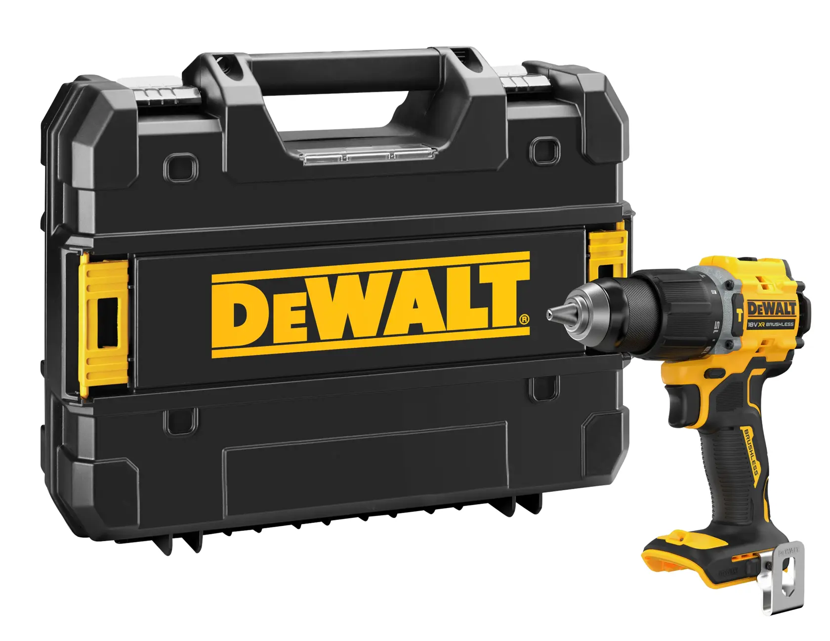 Taladro inalámbrico DEWALT con estuche negro, detalles amarillos y logotipo DEWALT visible en la caja.