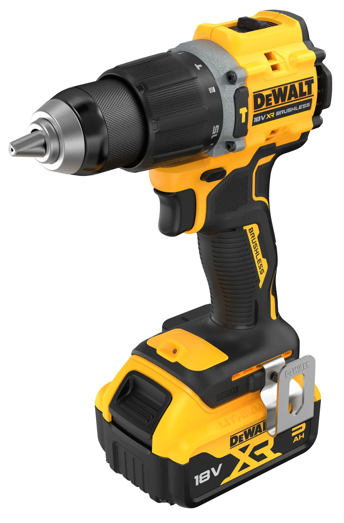 Taladro inalámbrico DEWALT 18V XR DCD799P2T, amarillo y negro, mostrado con batería puesta.