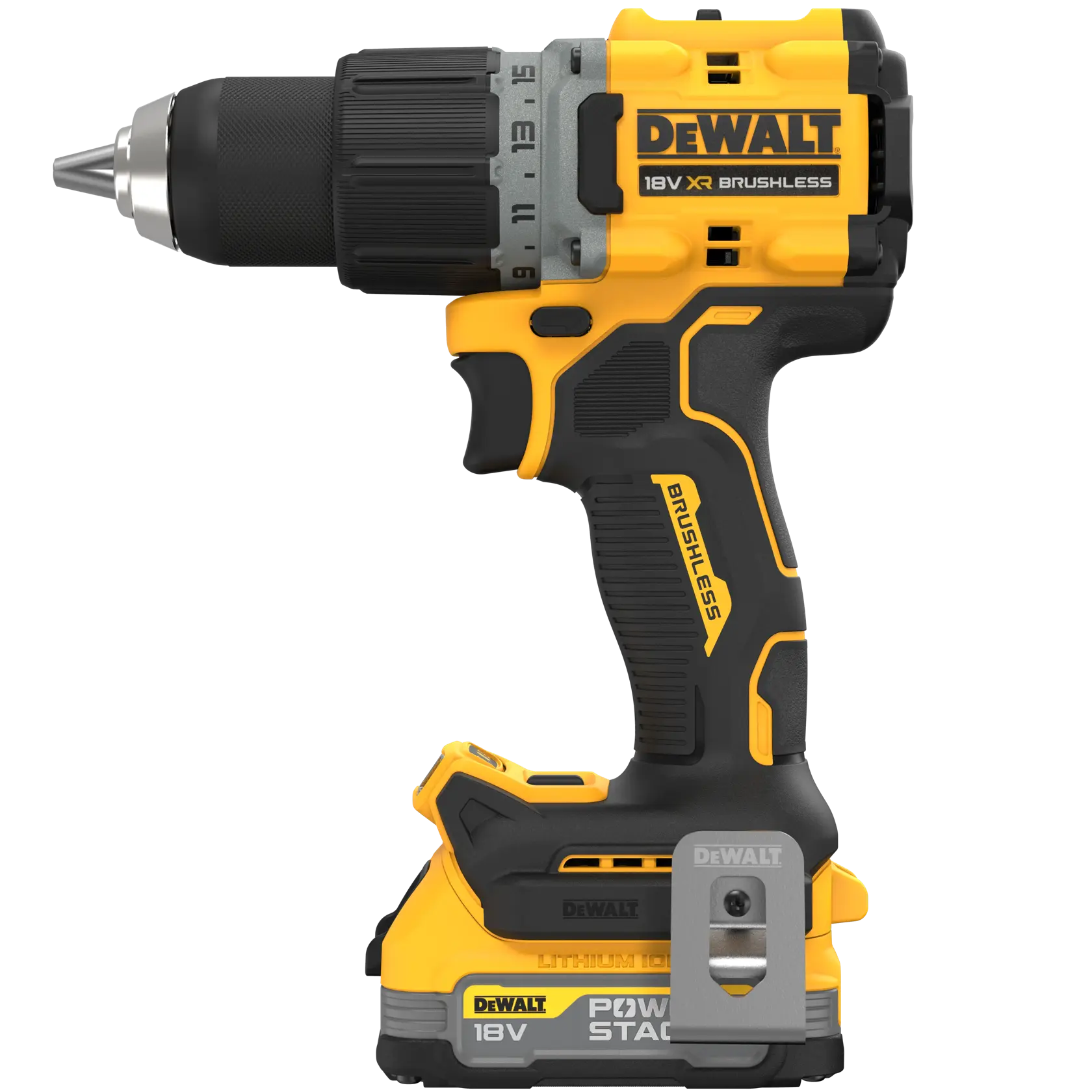 DEWALT DCD800E1T 18V XR Brushless cordless drill with ergonomic grip, keyless chuck, and compact design.