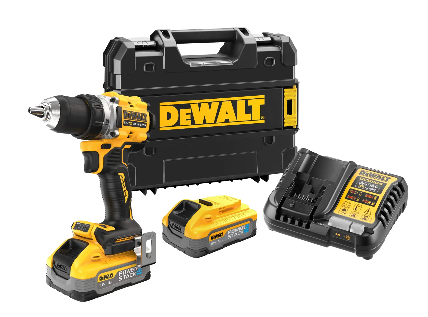 Kit DEWALT con taladro, dos baterías, cargador y maletín de transporte mostrado.