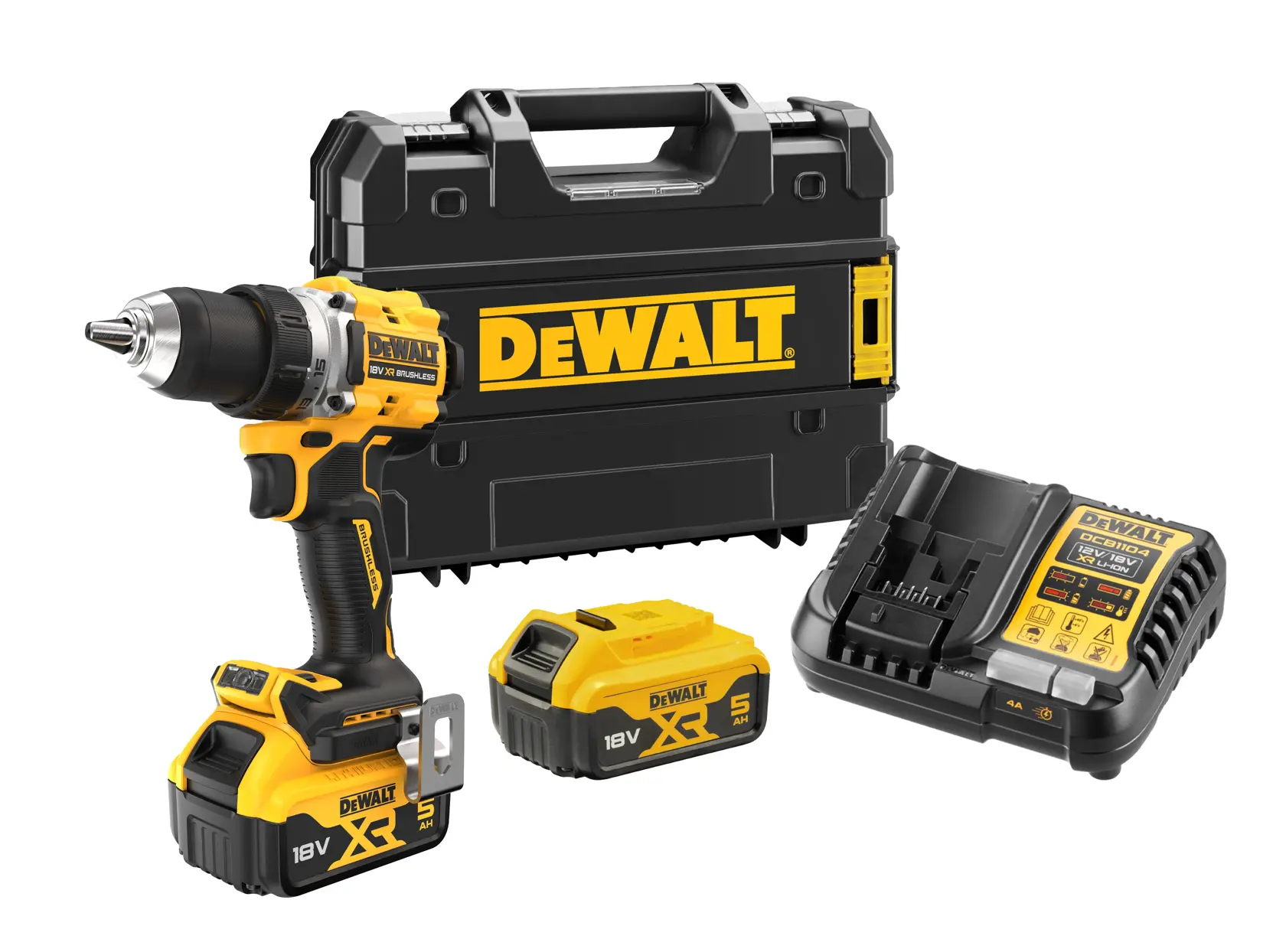 A DEWALT cordless drill set featuring an 18V brushless drill, two 18V XR lithium-ion batteries, a charger, and a black DEWALT carrying case.
