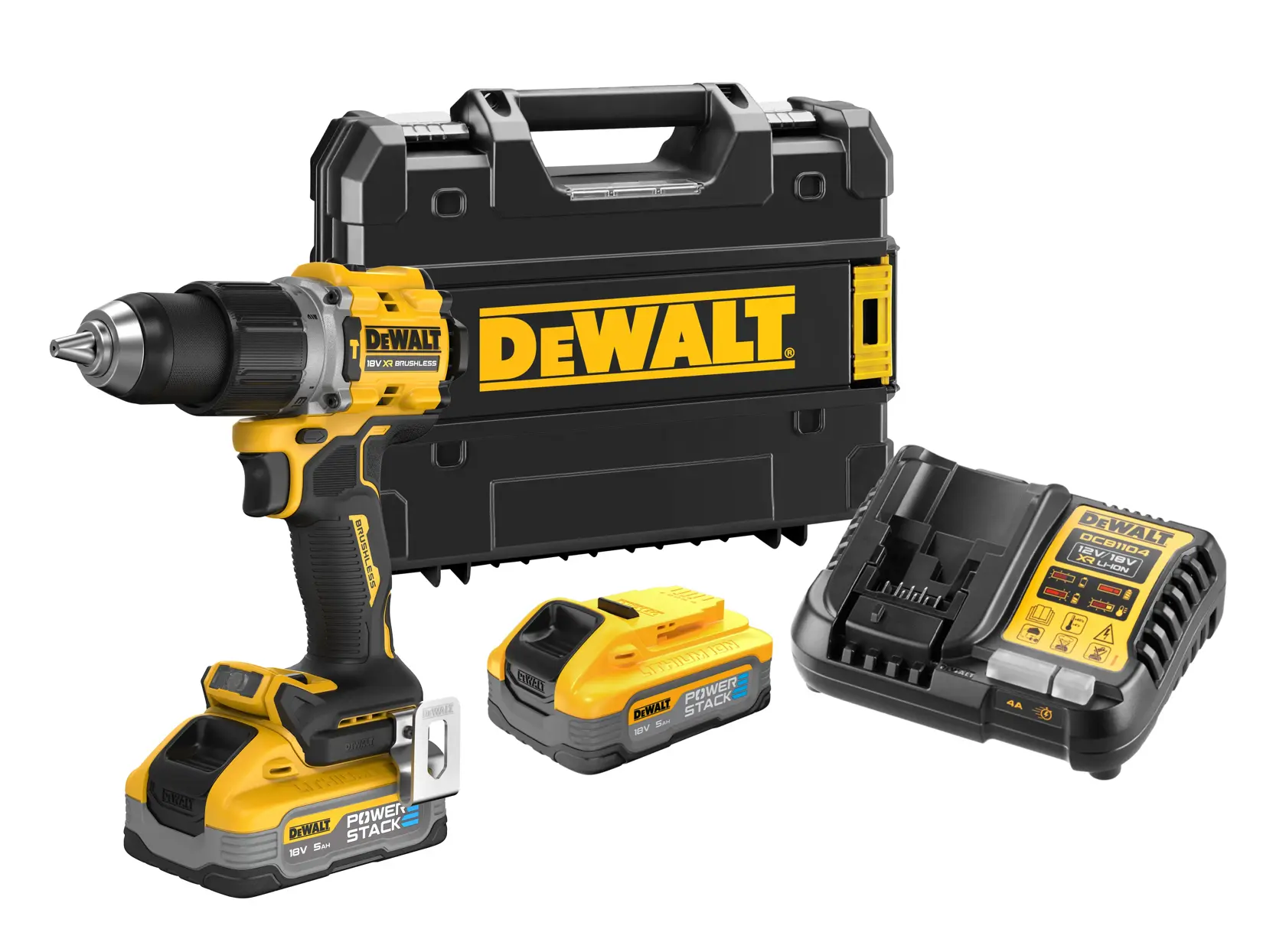 Kit de taladro inalámbrico DEWALT con baterías, cargador y maleta sobre fondo blanco.