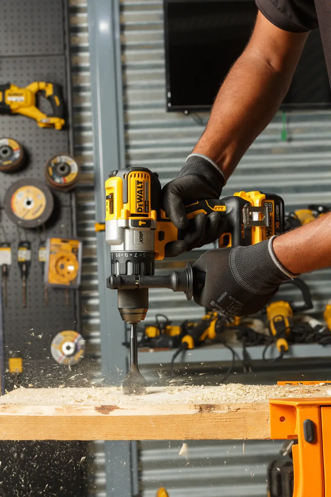 Persona usa taladro inalámbrico DEWALT para perforar madera y generar aserrín en taller.