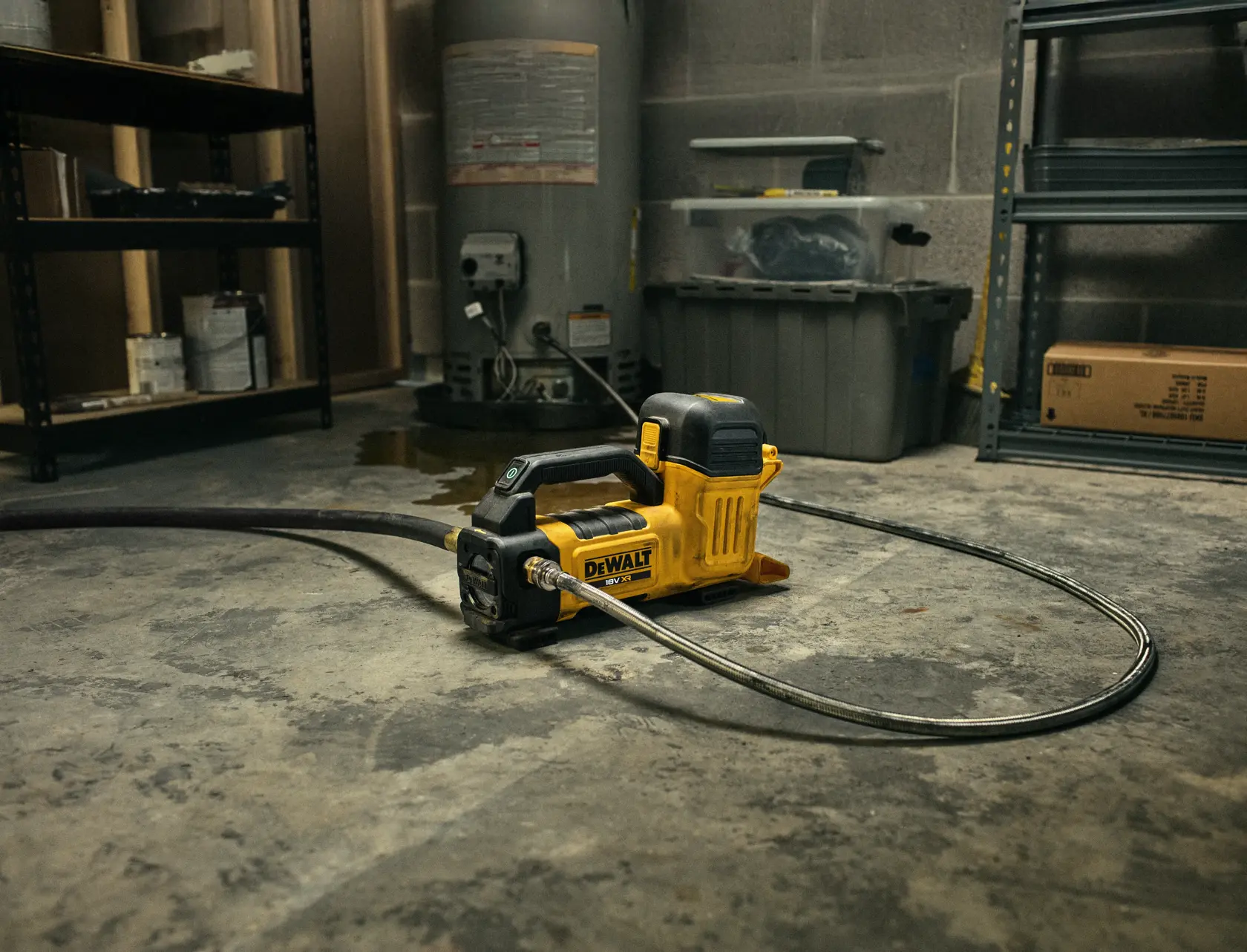 Herramienta DEWALT DCE050N fotografía en suelo de taller, conectada a manguera y rodeada de estantes.