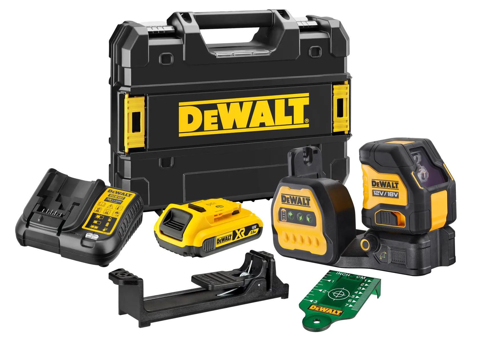 DEWALT Laser-Level-Set mit Akku, Ladegerät, Koffer und Zubehör in Schwarz und Gelb.