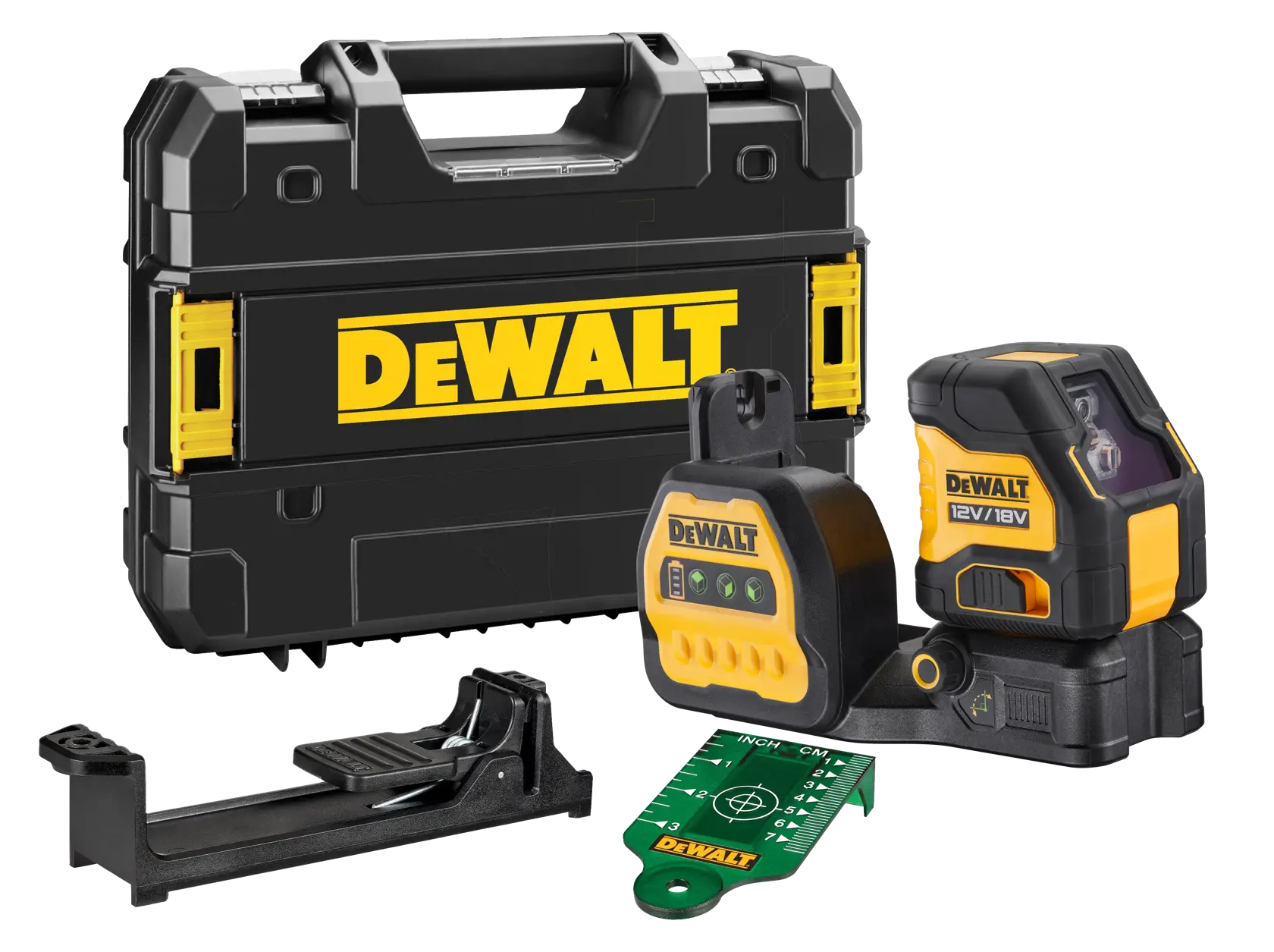 DEWALT Laser-Nivelliergerät-Set mit Koffer, Halterung, Zielplatte und Laser auf weißem Hintergrund.