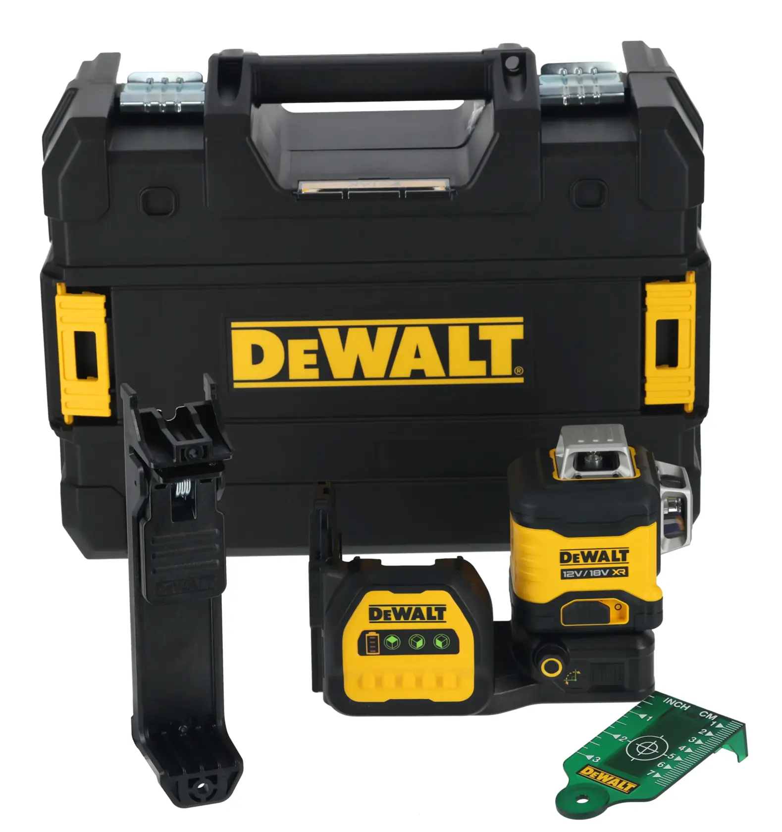 A DEWALT laser level kit consisting of a black and yellow hard case, a DEWALT laser level device, a mounting bracket, a green target plate, and a control unit.