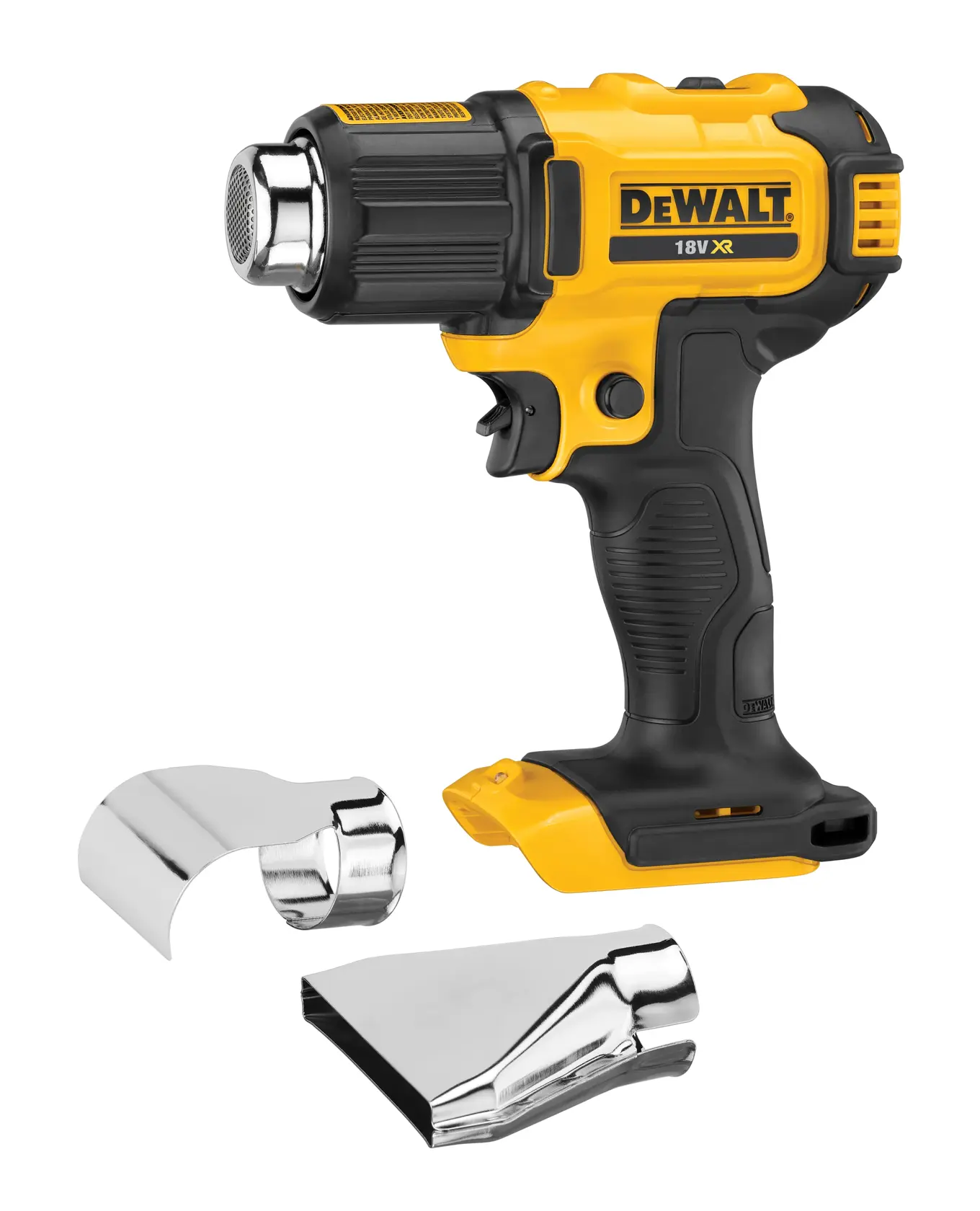 Una pistola de calor inalámbrica DEWALT 18V XR de color amarillo y negro con dos boquillas metálicas intercambiables colocadas delante.