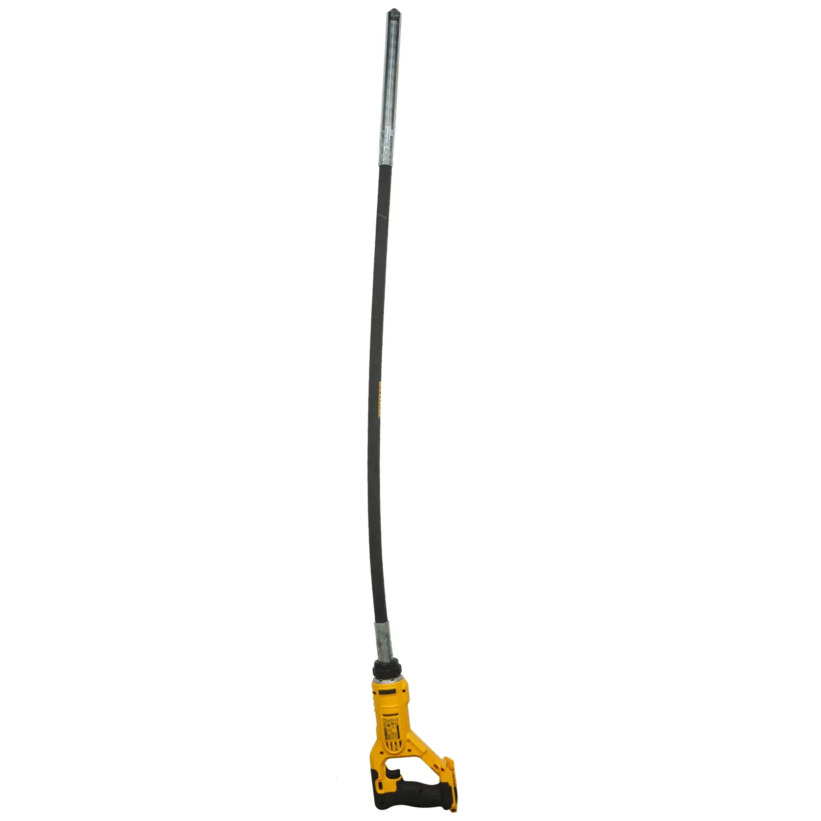 DEWALT Betonrüttler mit langem flexiblem Schaft und gelbem Griff, auf weißem Hintergrund gezeigt.