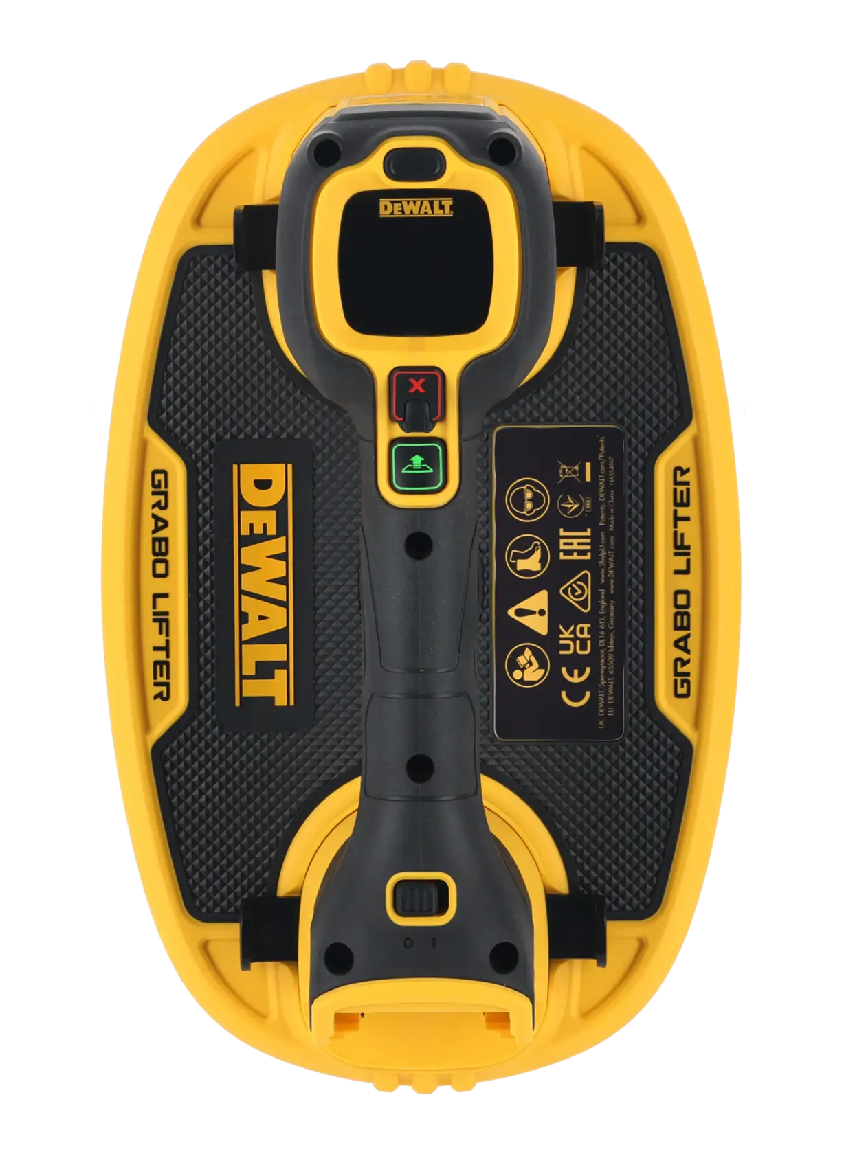 Herramienta DEWALT GRABO Lifter amarillo-negro, con botones y marca en el mango y la base.