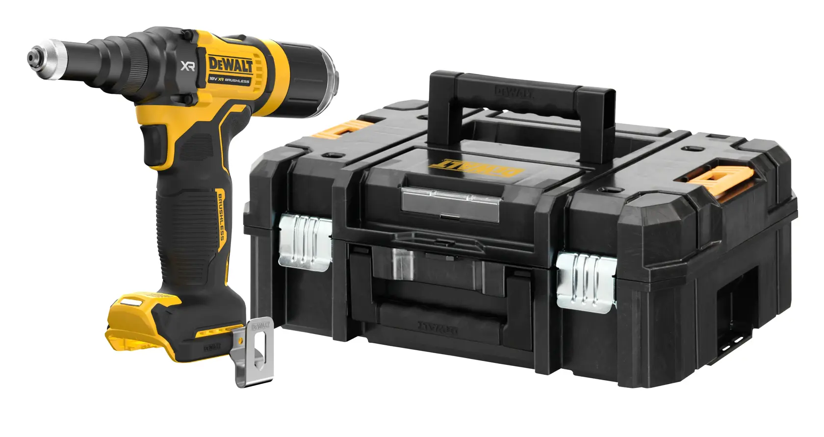 Taladro inalámbrico DEWALT en negro y amarillo junto a un resistente maletín de herramientas negro con asa.