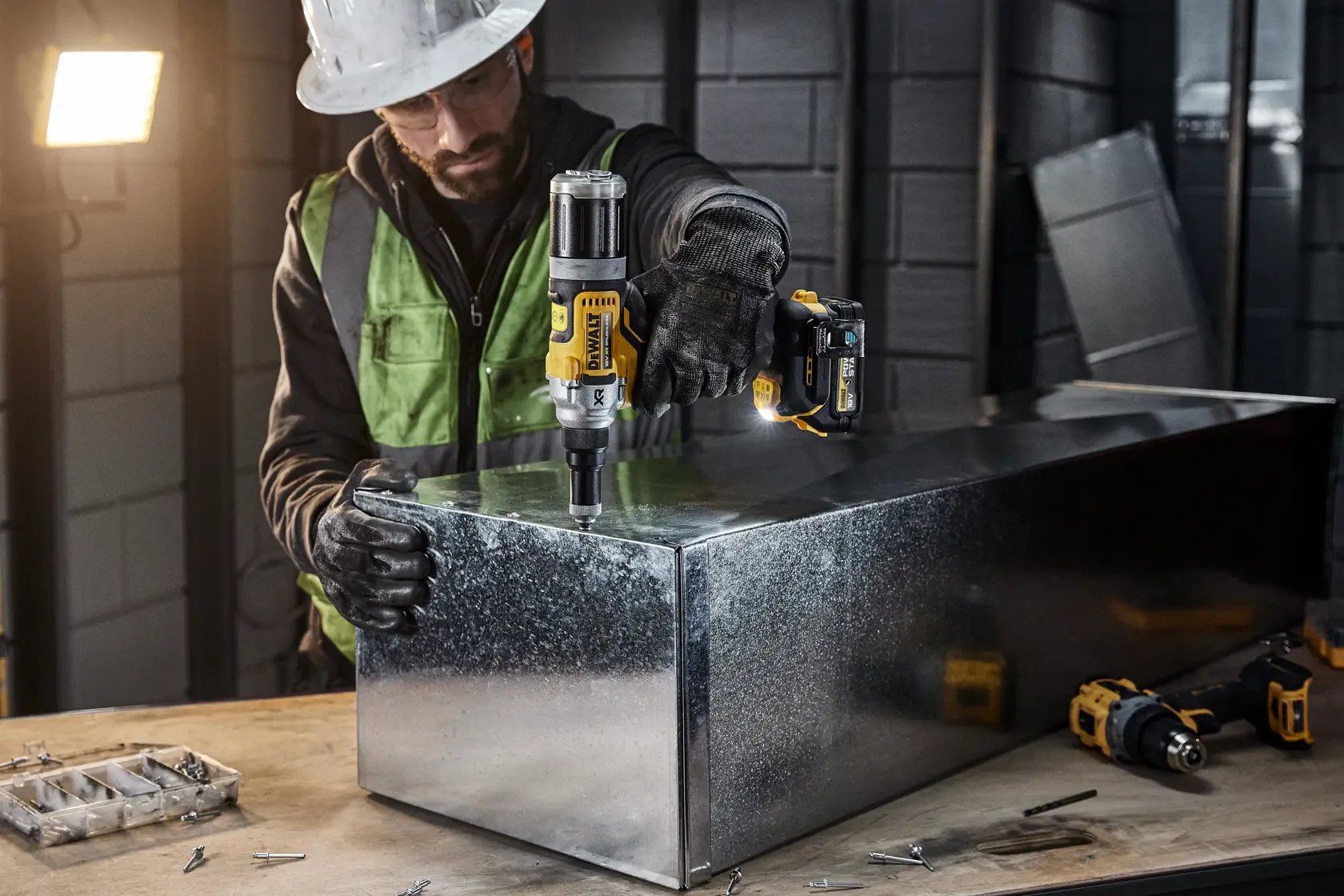 Una persona con equipo de seguridad utiliza una herramienta eléctrica DEWALT DCF414E2GT para perforar una caja metálica grande en un entorno industrial. Se pueden ver otras herramientas DEWALT y tornillos en la mesa de trabajo.