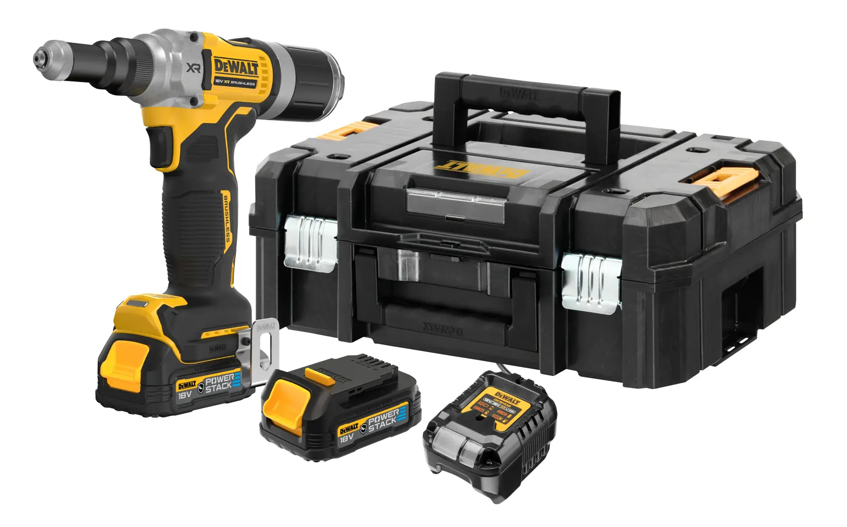 DEWALT cordless tool kit with a case, two batteries, charger, and power tool in black and yellow.