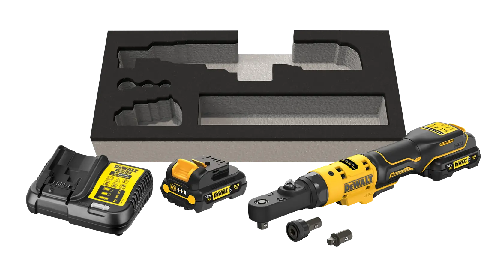 DEWALT cordless ratchet kit with charger, battery, accessories and foam tray, all displayed on a white background.