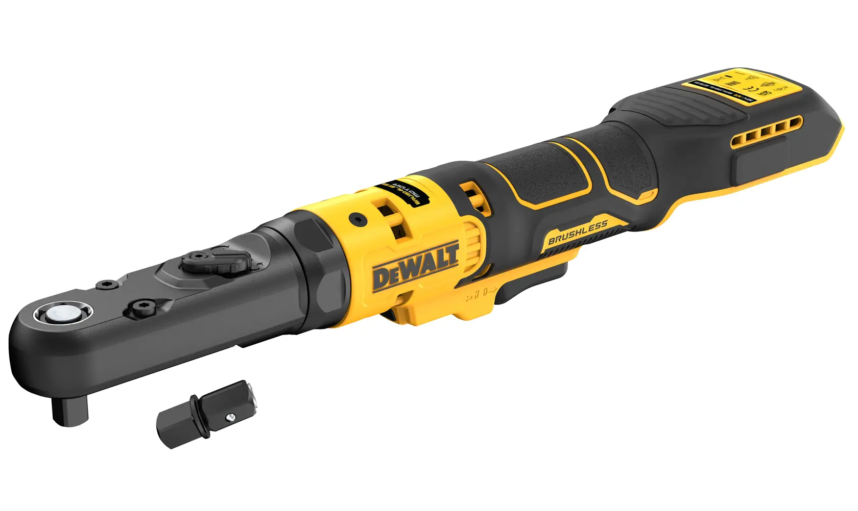 DEWALT DCF510N cordless ratchet wrench with brushless motor and removable adapter, black and yellow design.