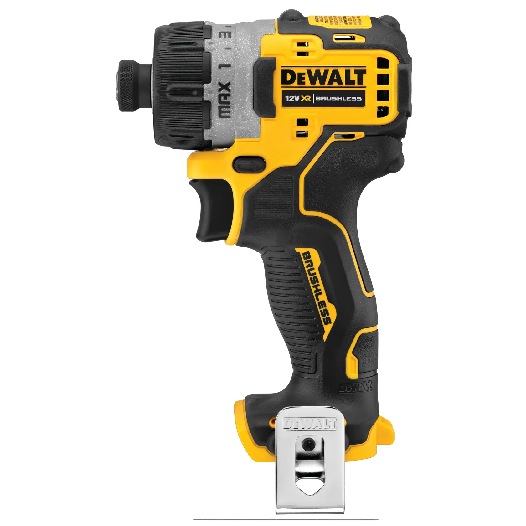 Taladro atornillador inalámbrico DEWALT 12V XR Brushless, diseño negro y amarillo, vista lateral.