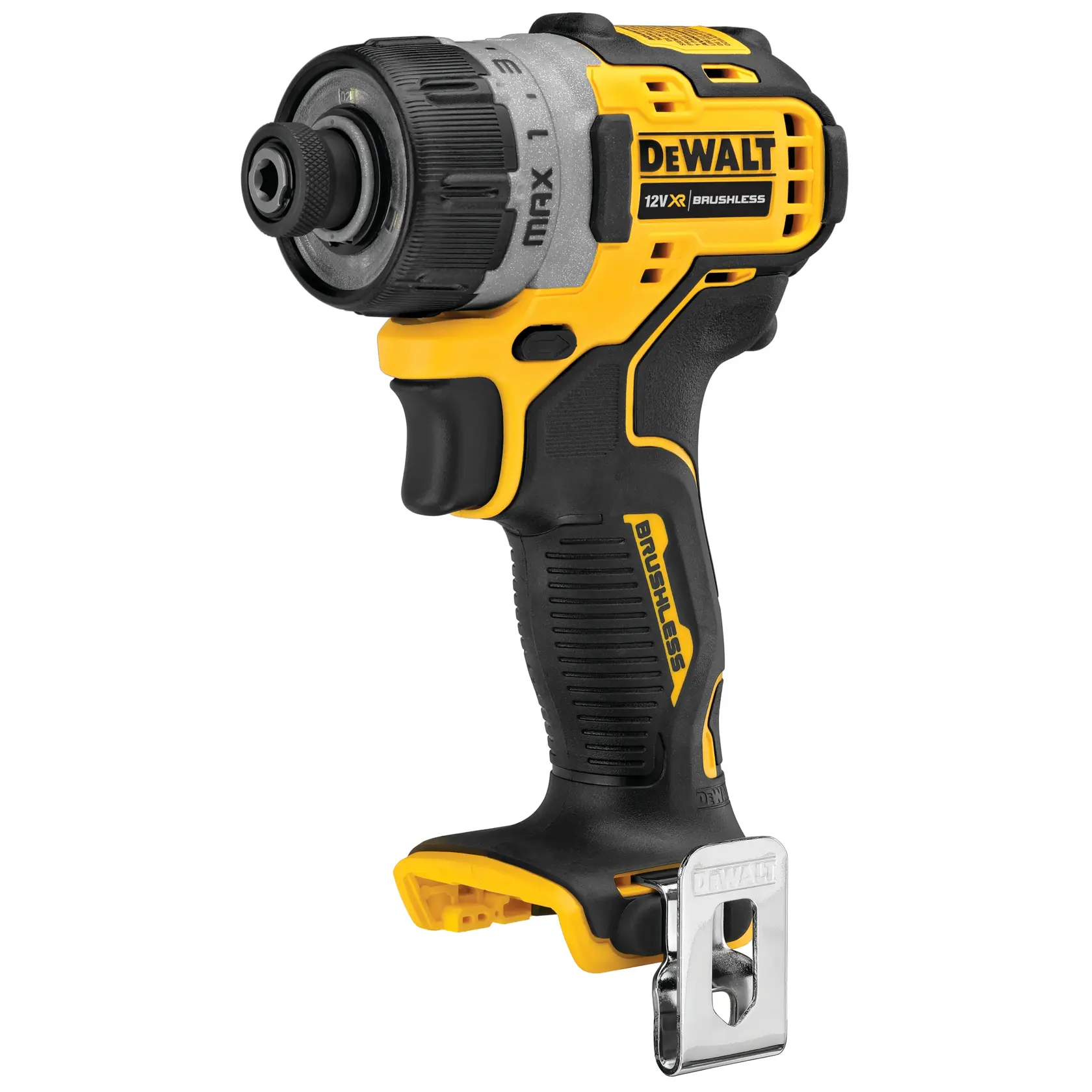 Destornillador inalámbrico DEWALT DCF601N, compacto, amarillo y negro, sin batería.