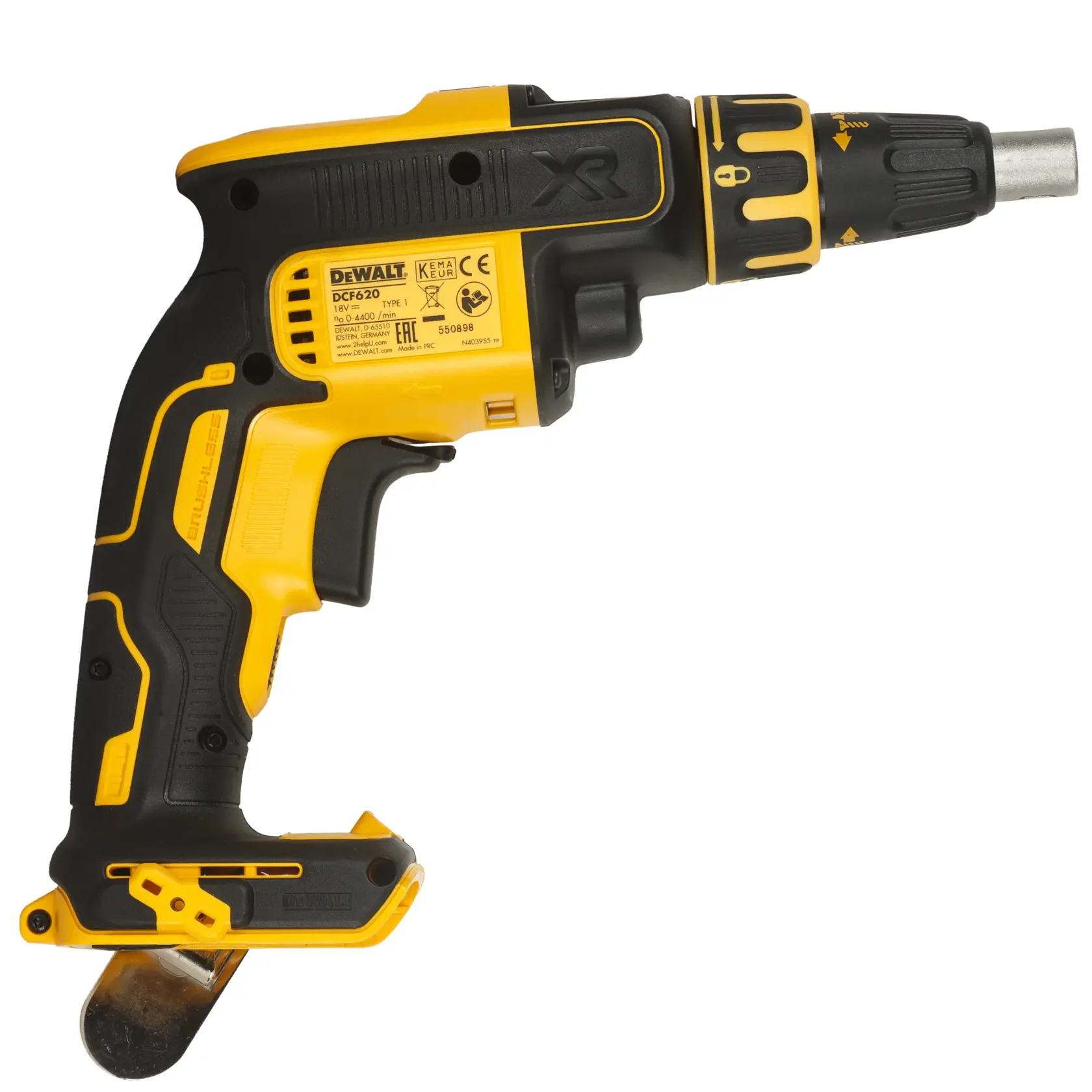 Atornillador inalámbrico DEWALT DCF620NT-XJ amarillo y negro para drywall, vista lateral.