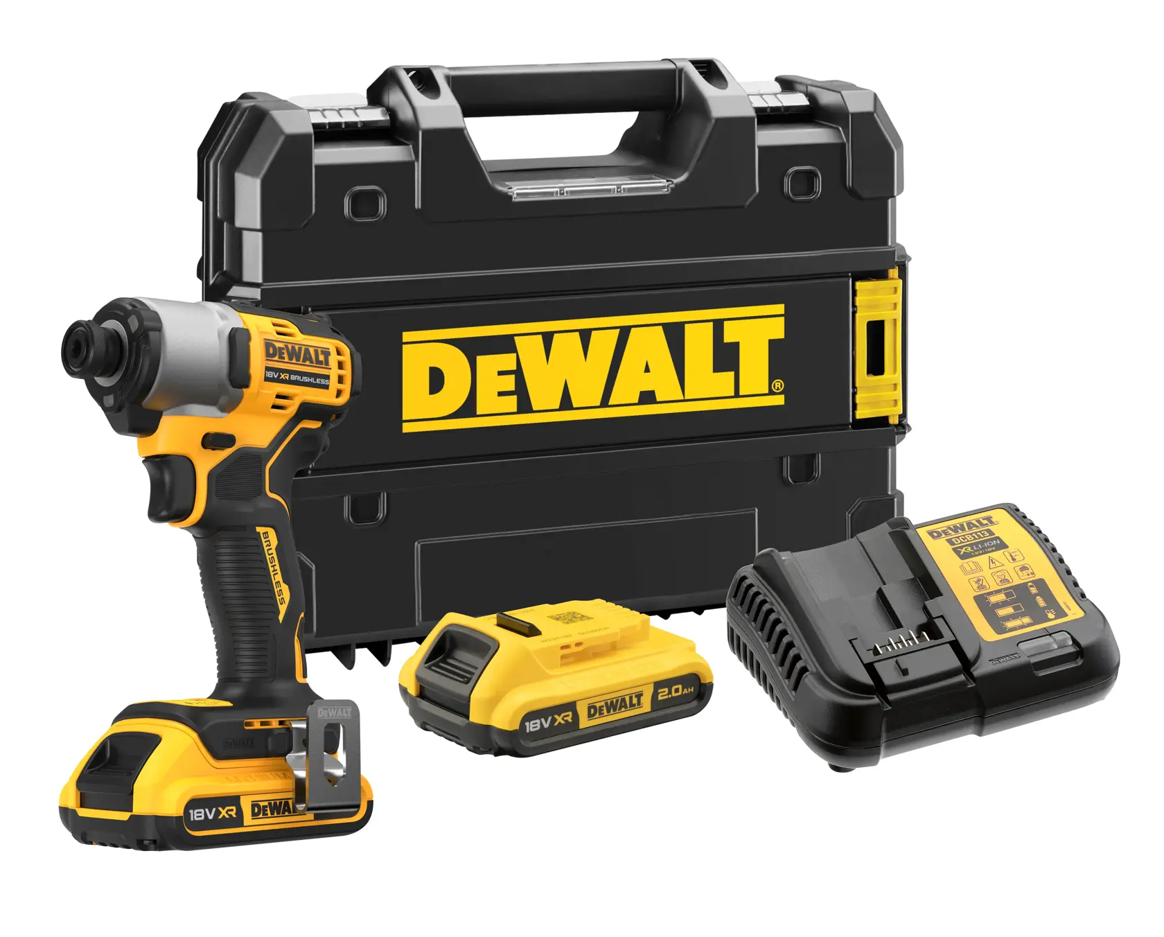 DEWALT cordless impact driver kit including an 18V XR impact driver, two 2.0Ah batteries, a battery charger, and a large black carrying case with a DEWALT logo.