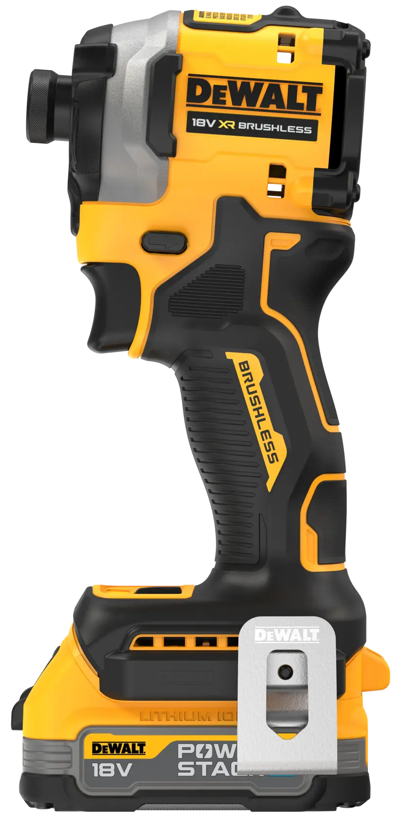 Atornillador de impacto inalámbrico DEWALT 18V XR Brushless de color amarillo y negro, mostrado de perfil con batería acoplada en la base.