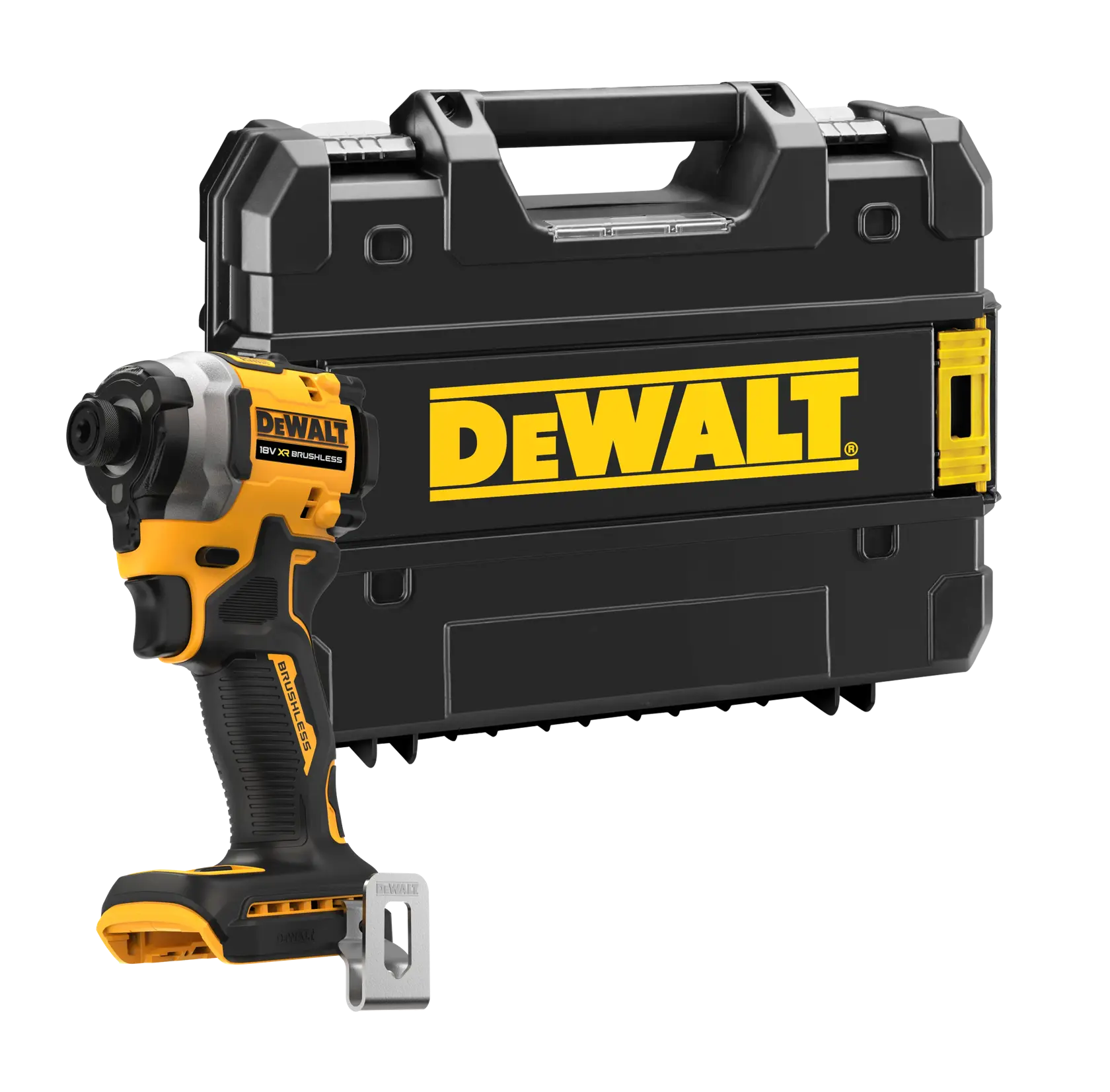 DEWALT cordless impact driver with black carrying case, branded with yellow DEWALT logo.