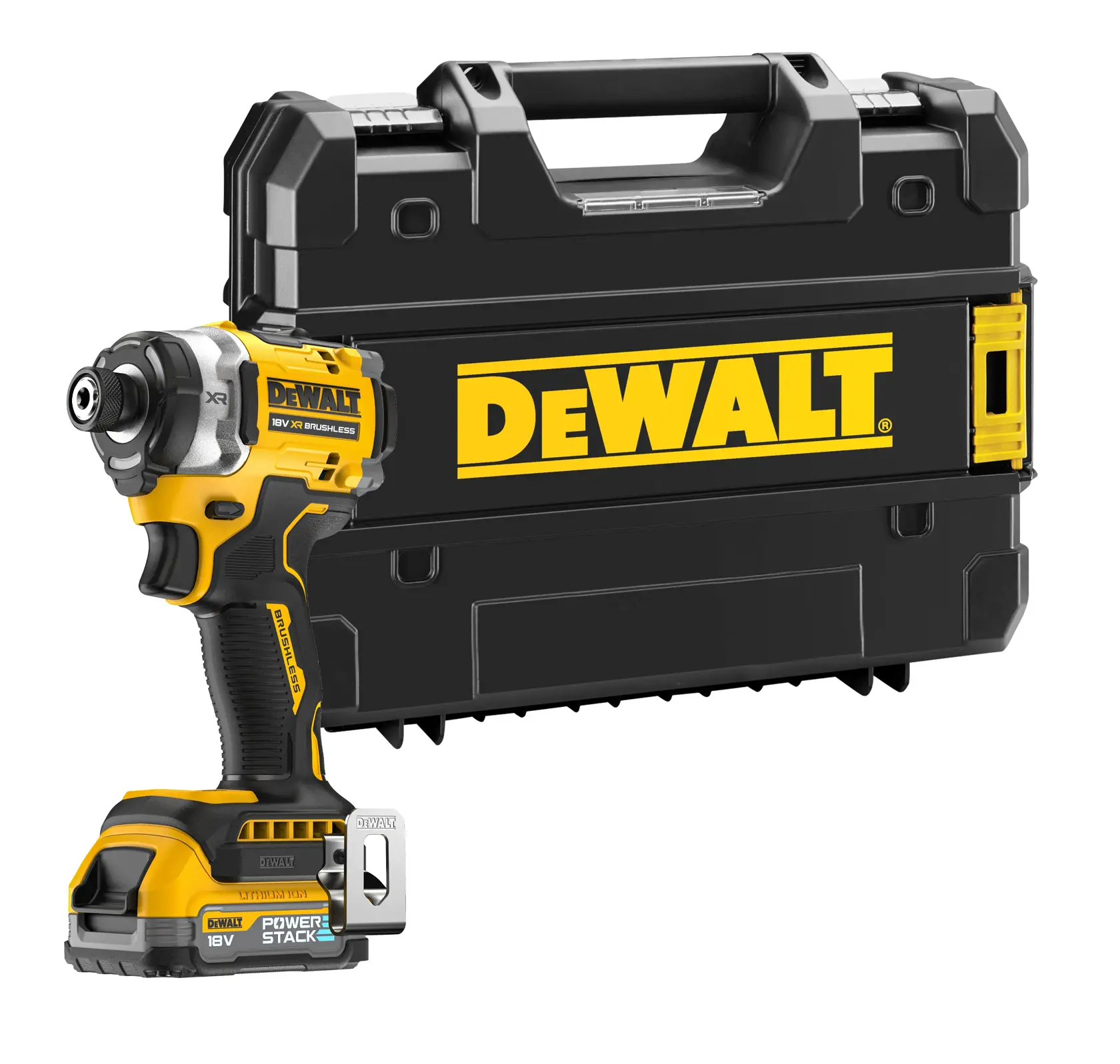 DEWALT cordless impact driver and black carrying case with yellow DEWALT logo displayed.