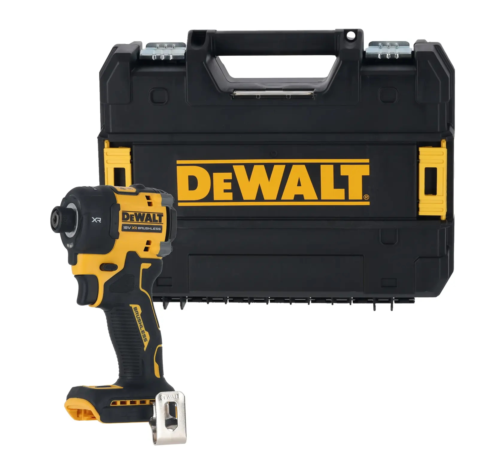 Atornillador de impacto DEWALT sin cable con estuche negro, apto para uso profesional.