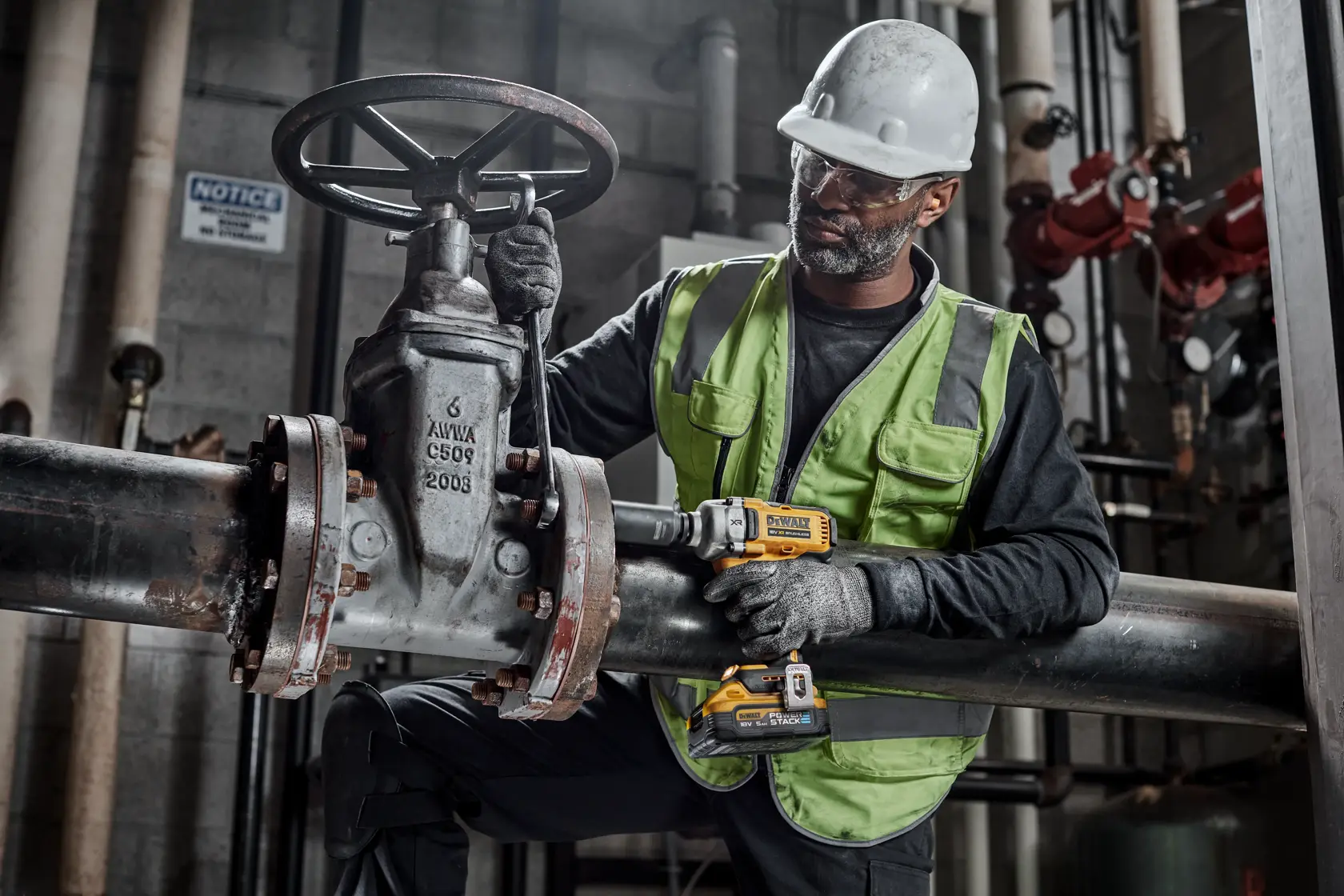 Un trabajador con chaleco de seguridad, guantes y casco utiliza una llave de impacto amarilla DEWALT DCF891H2T en una gran válvula industrial. La escena es dentro de una instalación con tuberías metálicas y maquinaria.