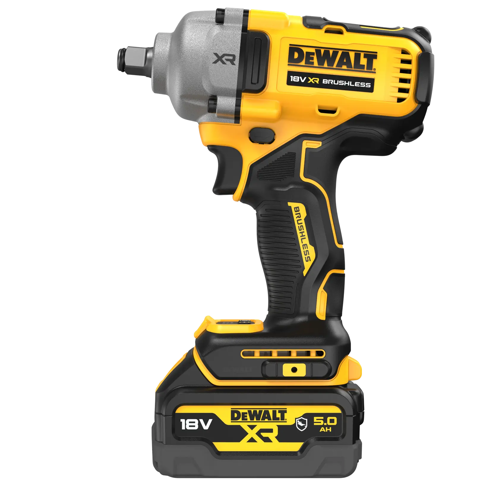 Avvitatore a impulsi a batteria DEWALT 18V XR Brushless, dal design nero e giallo, mostrato in posizione verticale con batteria da 5,0 Ah collegata.